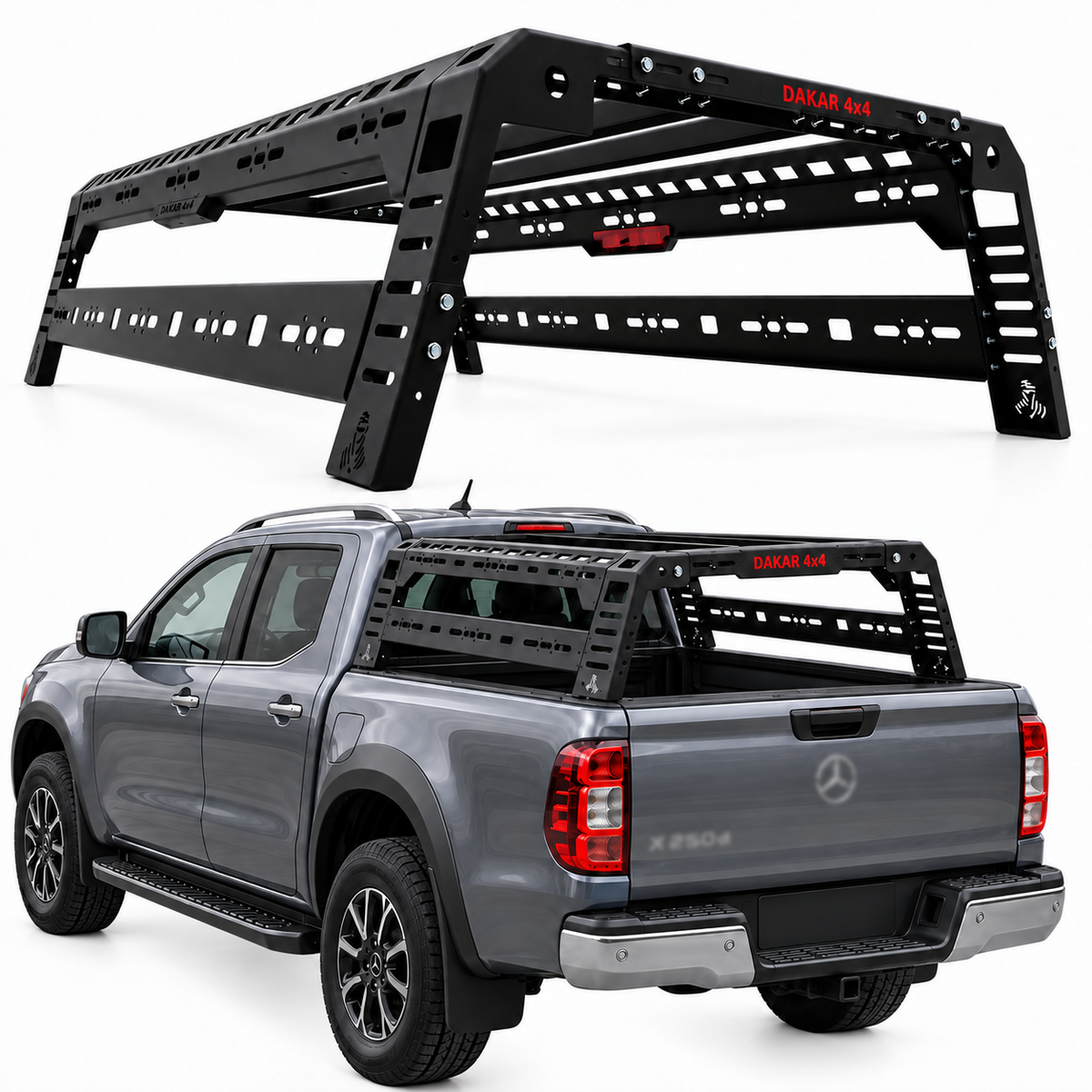 Heavy duty steel bed rack and tent roll bar for Mercedes X-Class 2017 on, 250kg, black