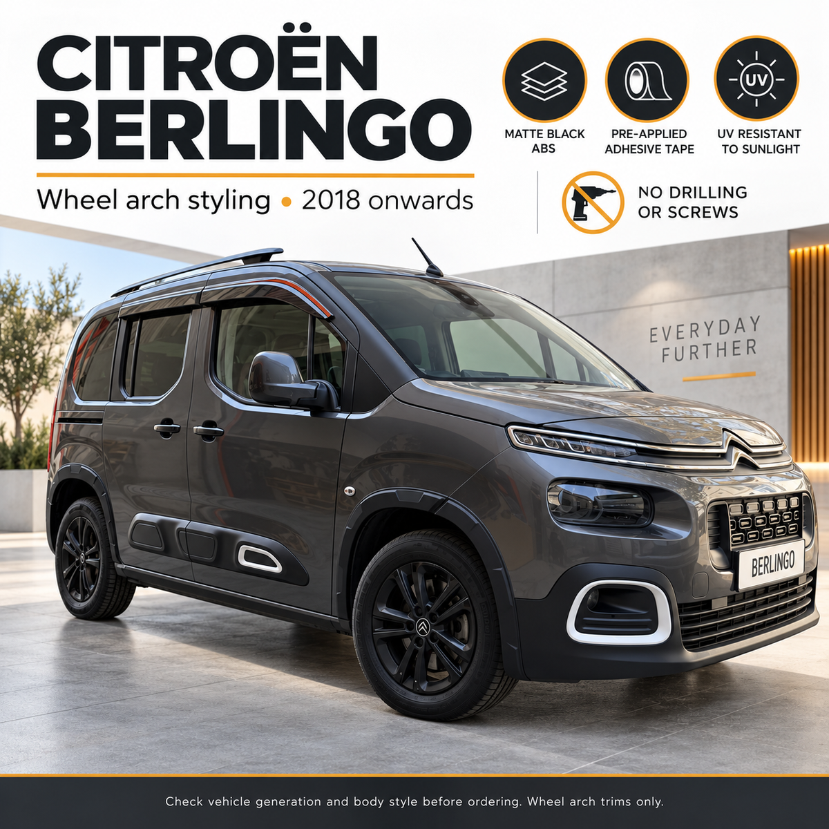 Wheel Arch Trims Fender Flares for Citroen Berlingo K9 2018+ Black ABS 8 Pcs Set