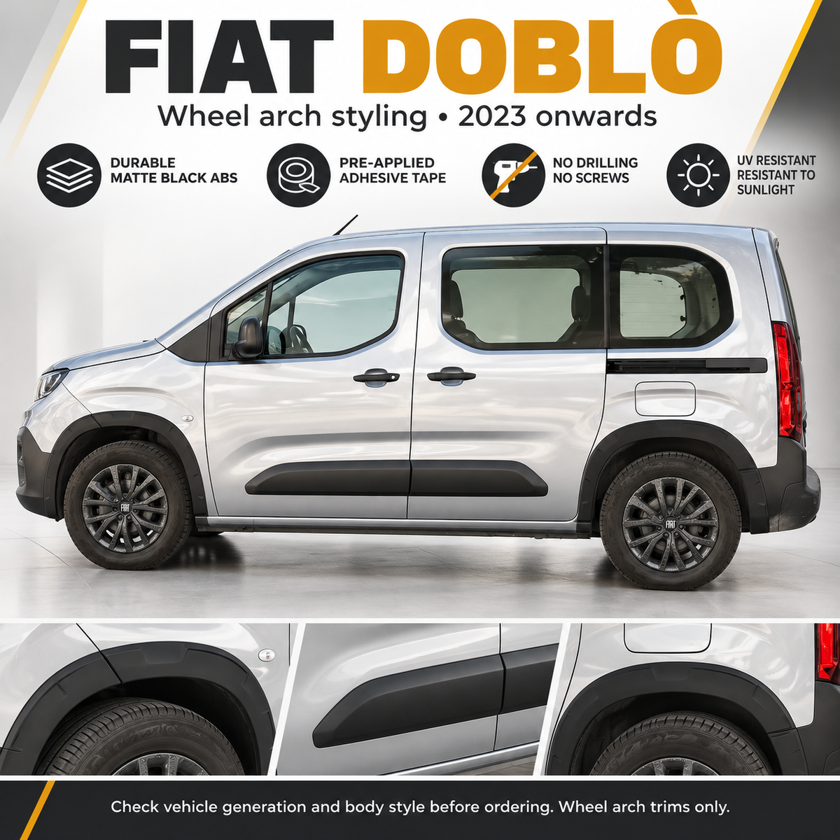 Wheel Arch Trims Fender Flares for Fiat Doblo Mk3 2023+ Black ABS 8 Pcs Set
