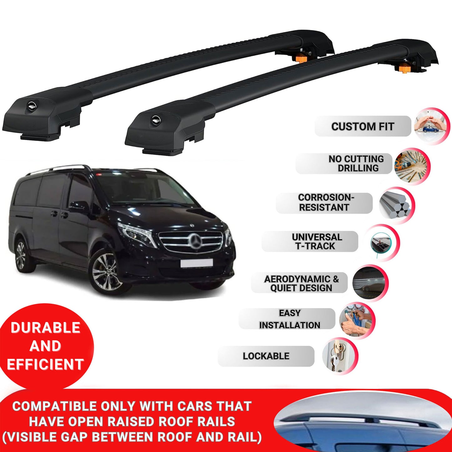 Roof Bar for Mercedes Viano W447 2015-2024 Lockable Roof Rack Cross Bars 2 Pcs Black