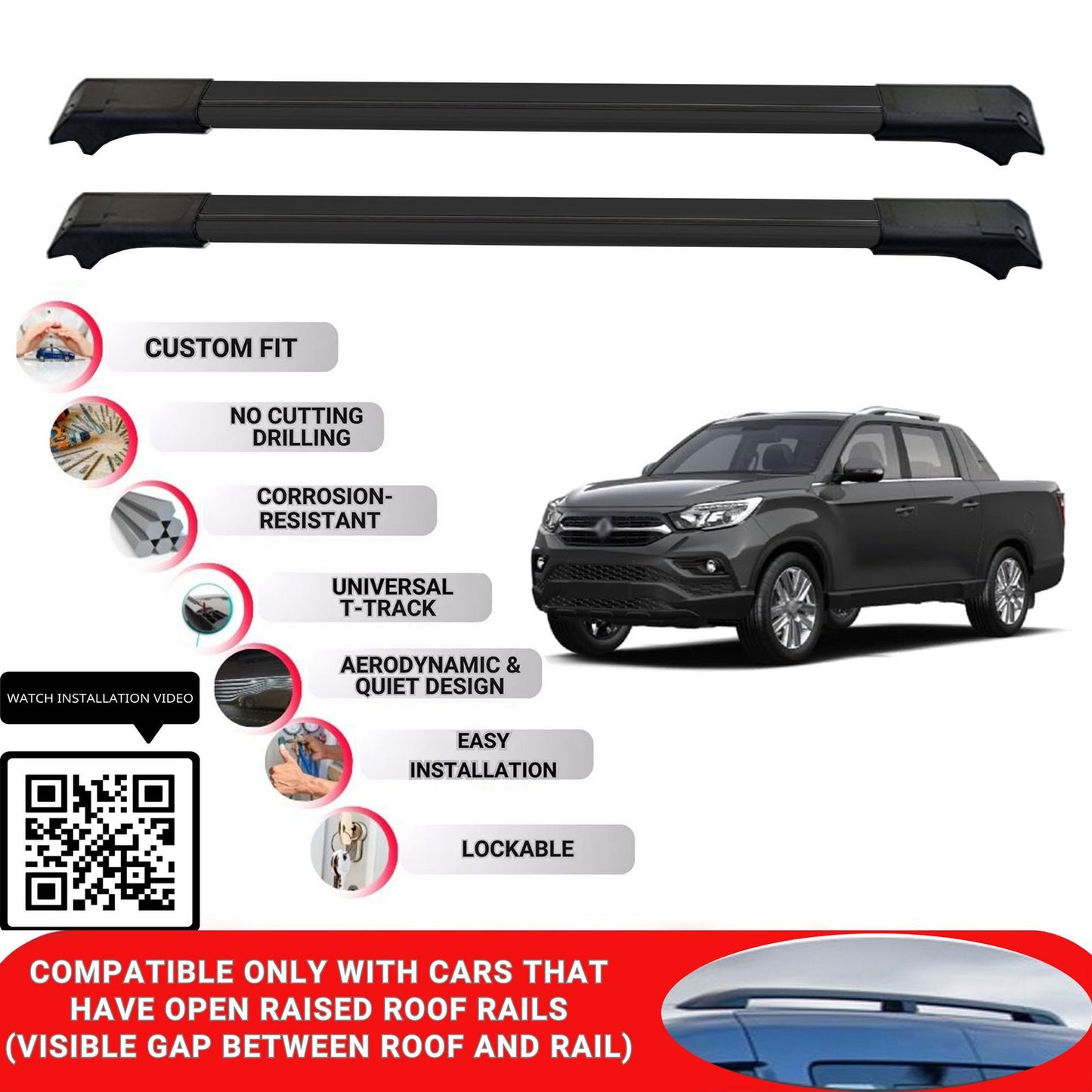 Roof Rack Cross Bars for Ssangyong Musso 2018+ Lockable Roof Bars 2 Pcs Black