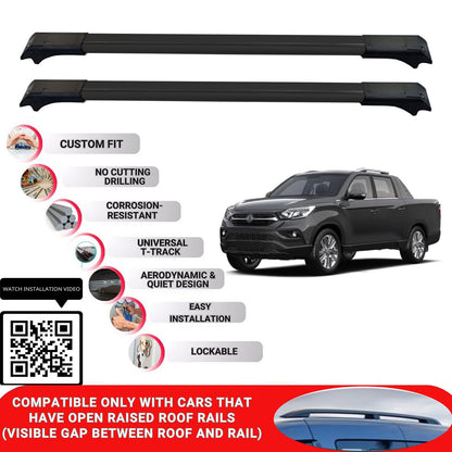 Roof Rack Cross Bars for Ssangyong Musso 2018+ Lockable Roof Bars 2 Pcs Black
