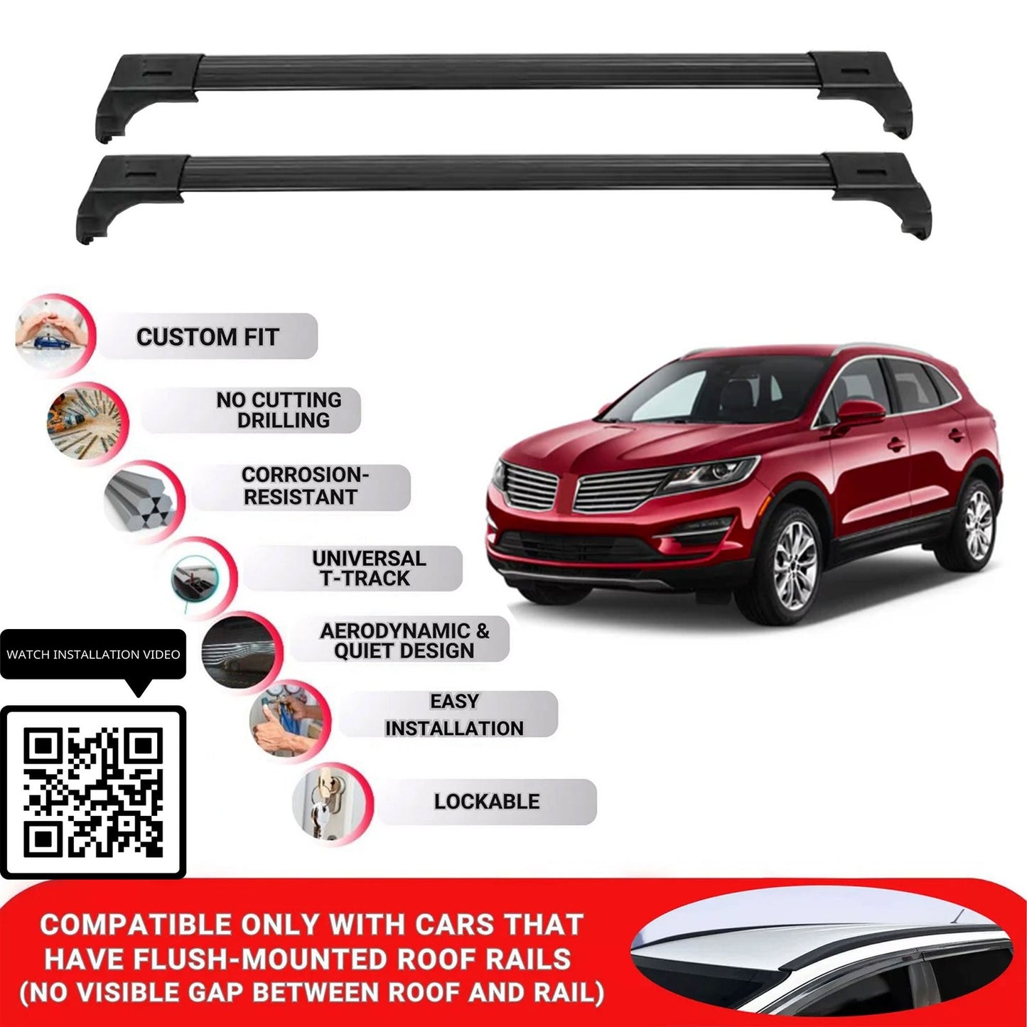 Roof Bars for Lincoln Mkc 2015-2019 Lockable Roof Rack Cross Bars 2 Pcs Black