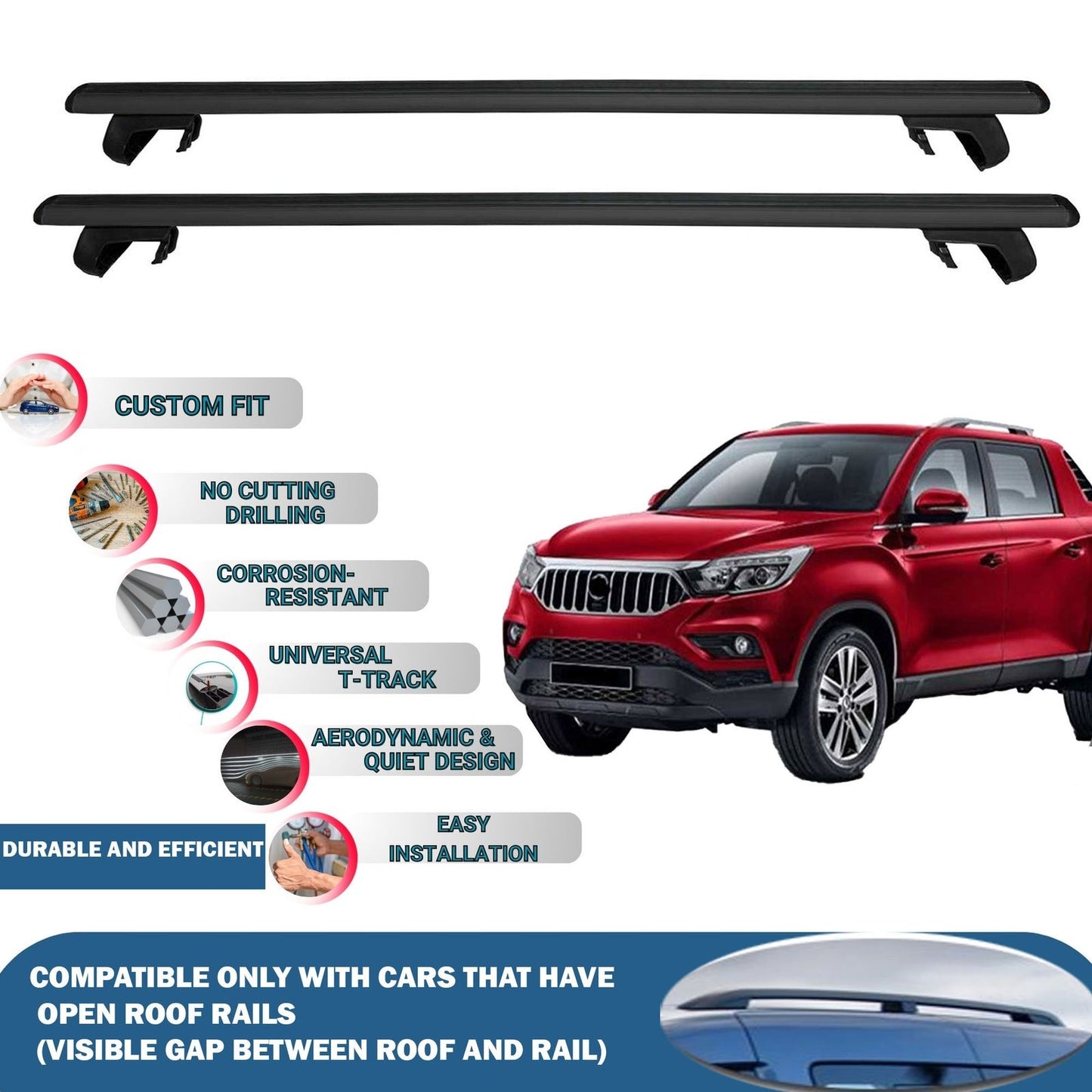 Roof Rack Cross Bars for Ssangyong Musso Pick-Up 2018-2024 Rail Carrier for Roof Tents 2 Pcs Black