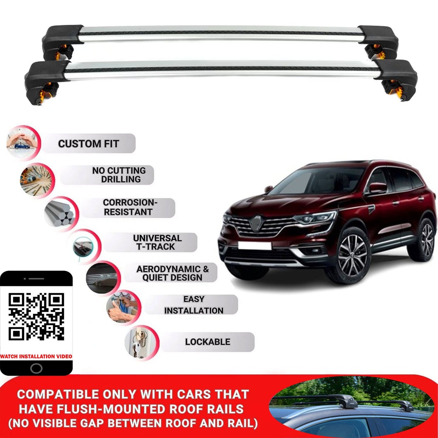 Premium Roof Bars For Renault Kaleos Suv 2017+ Secure Roof Rack Cross Bar 2 Pcss Grey