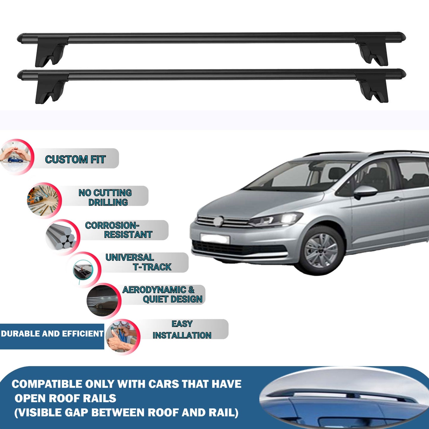Lockable Roof Rack Cross Bars for Vw Touran 2016-2023 | Heavy Duty Rail Carrier 2 Pcs Black