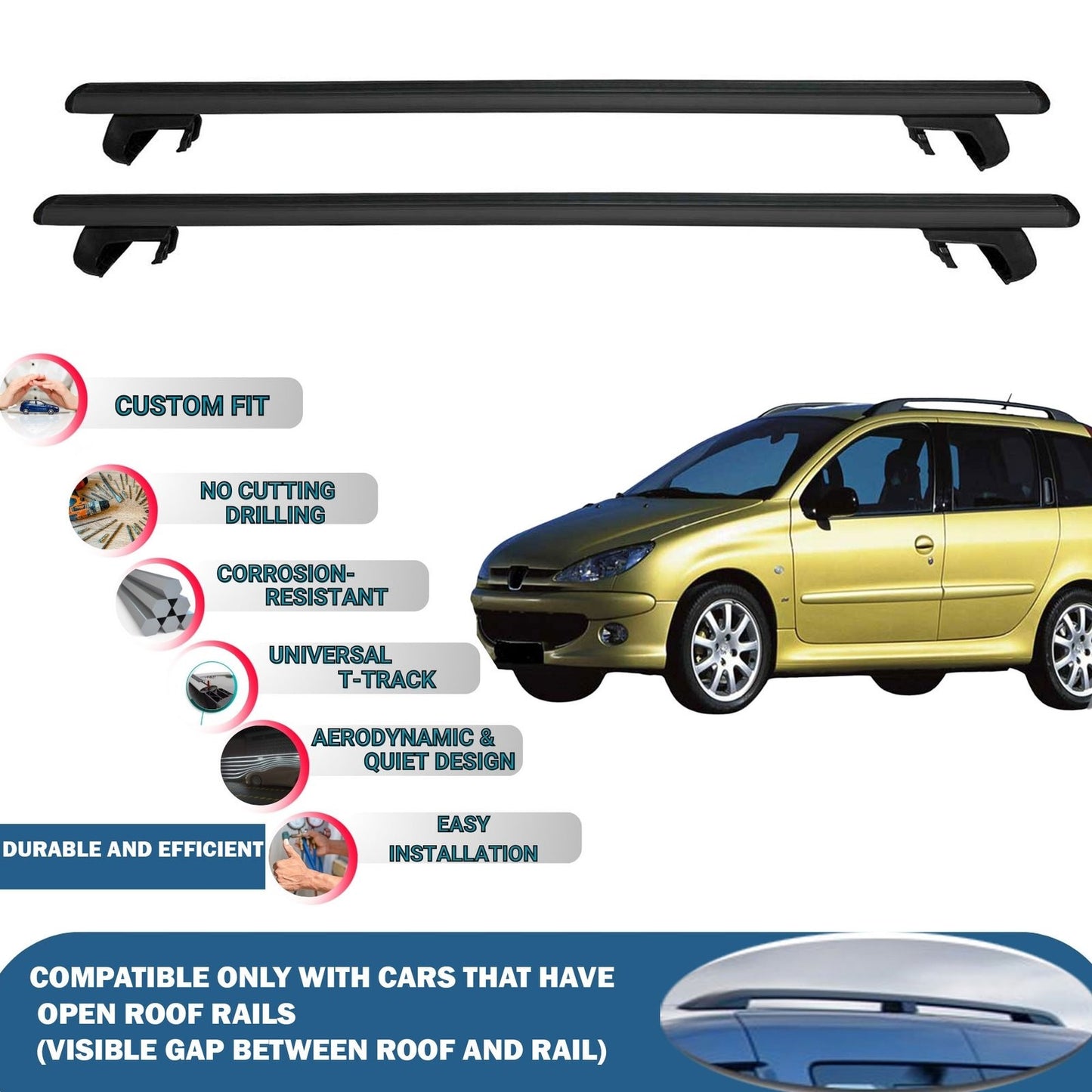 Roof Rack Cross Bars for Peugeot 206 SW 2002-2007 Rail Carrier for Roof Tents 2 Pcs Black