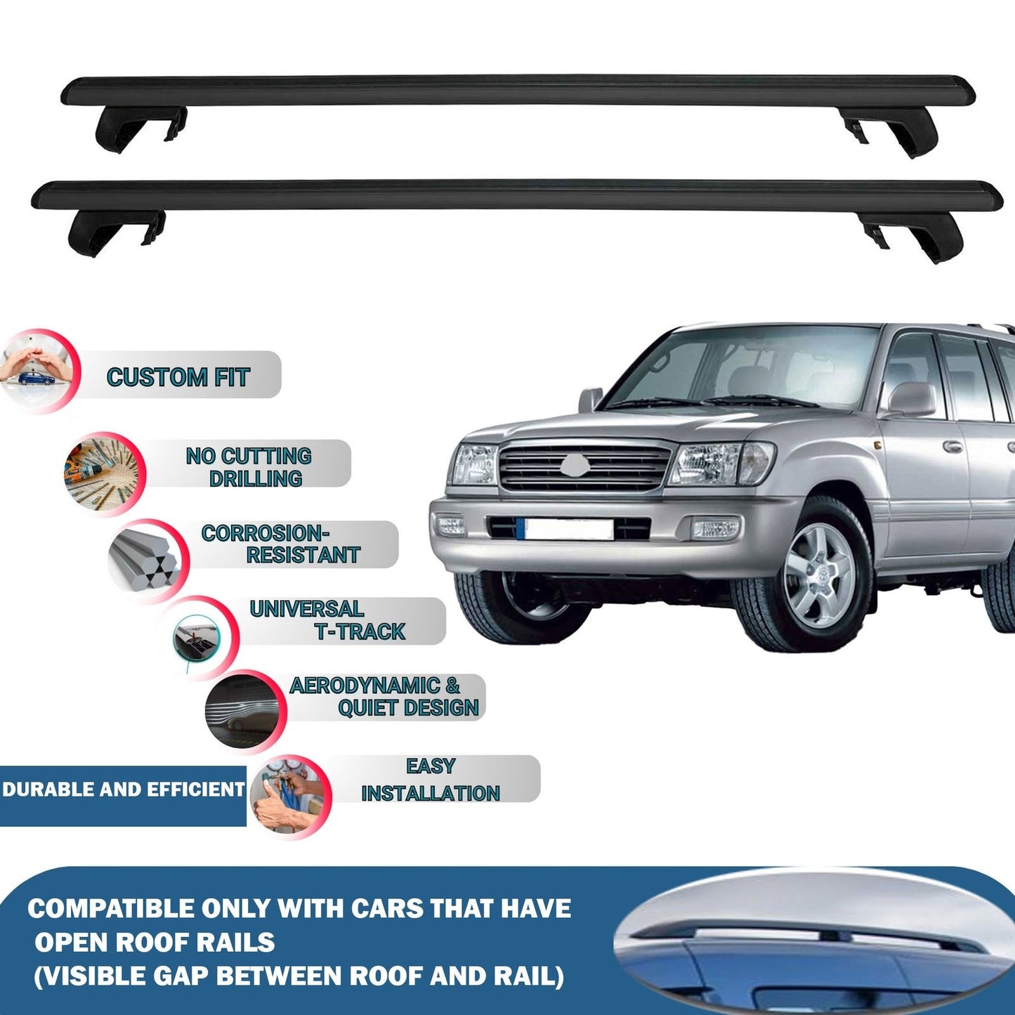 Roof Rack Cross Bars for Toyota Land Cruiser 1998-2007 Rail Carrier for Roof Tents 2 Pcs Black
