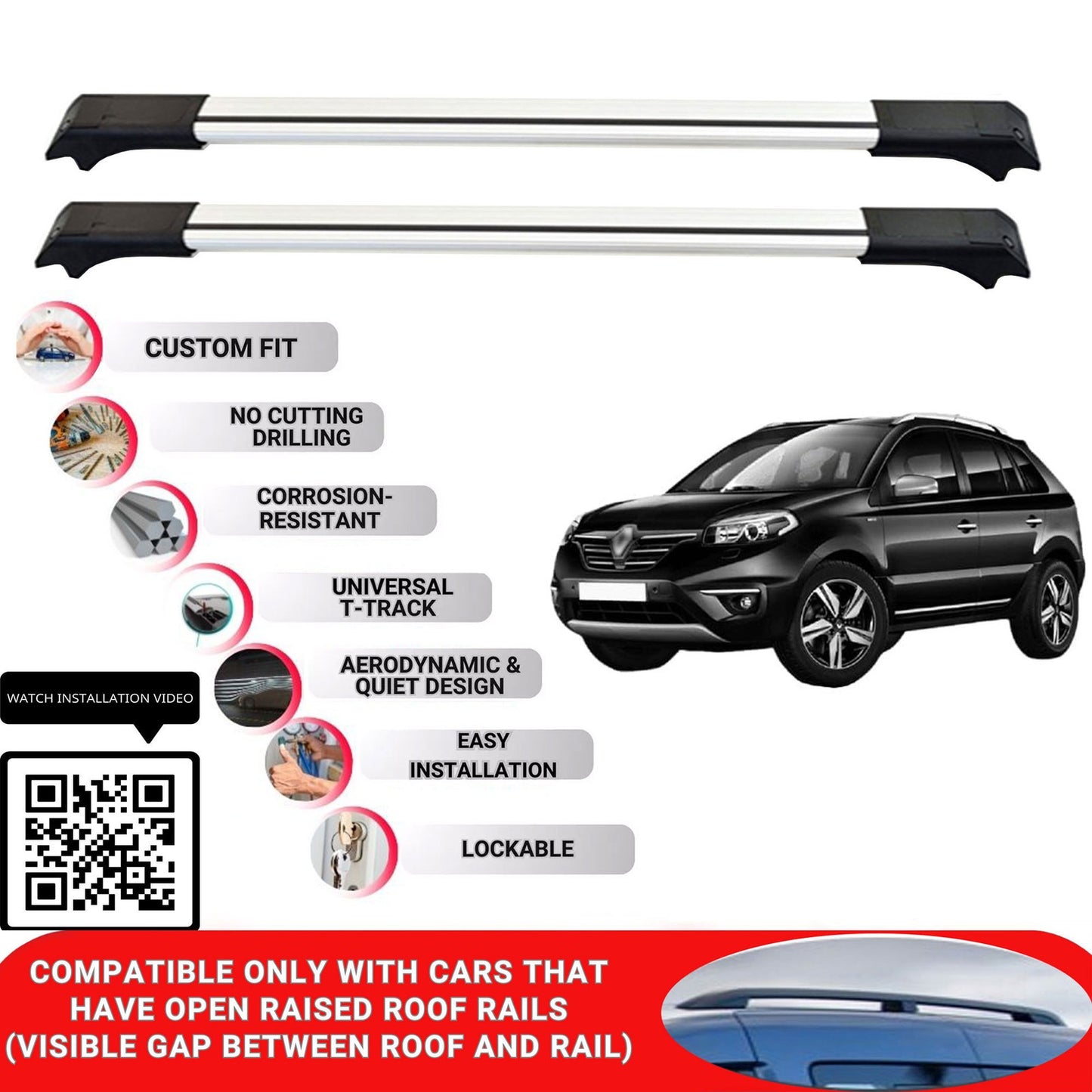 Roof Rack Cross Bars for Renault Koleos 2008-2016 Lockable Roof Bars 2 Pcs Grey