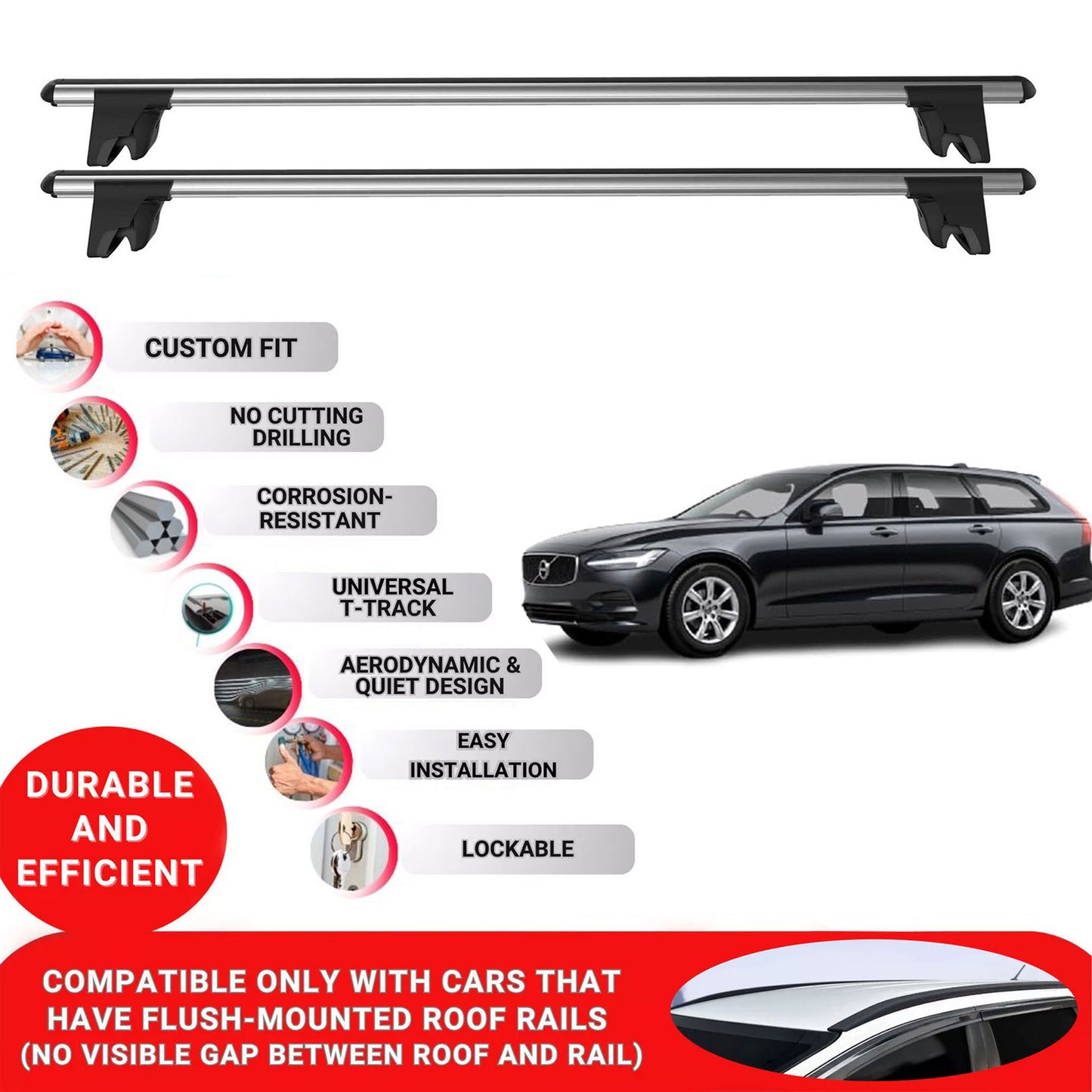 Premium Roof Bars for Volvo V90 2016-2023; Lockable Roof Rack Cross Bars 2 Pcs Grey