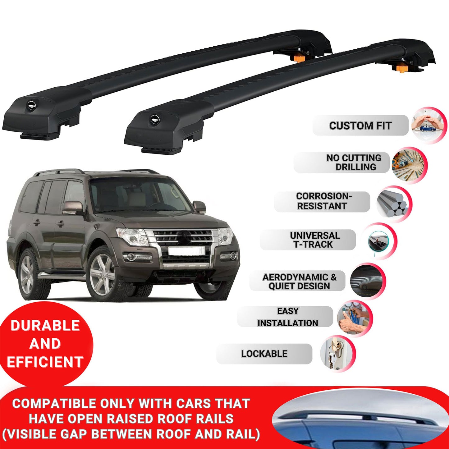 Roof Bar for Mitsubishi Shogun 2006-2015 Lockable Roof Rack Cross Bars 2 Pcs Black