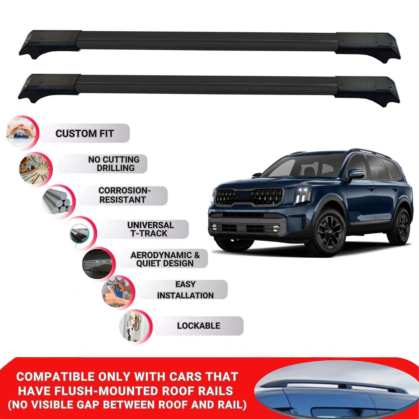 2X Car Roof Rack Cross Bars for Kia Tellirude 2020+ Lockable Roof Bars Black