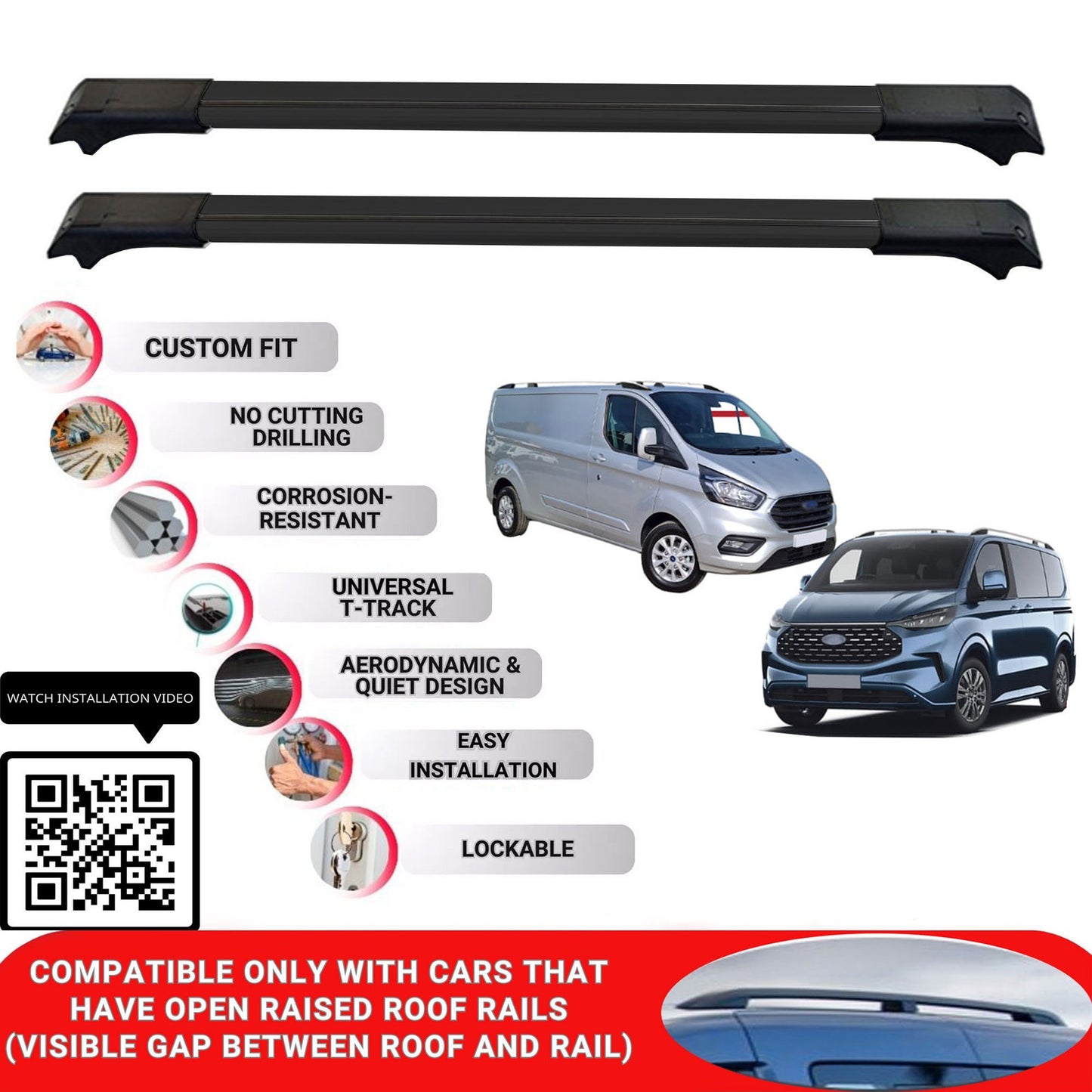 Roof Rack Cross Bars for Ford Transit Custom 2013-2024 Lockable Bars 2 Pcs Black