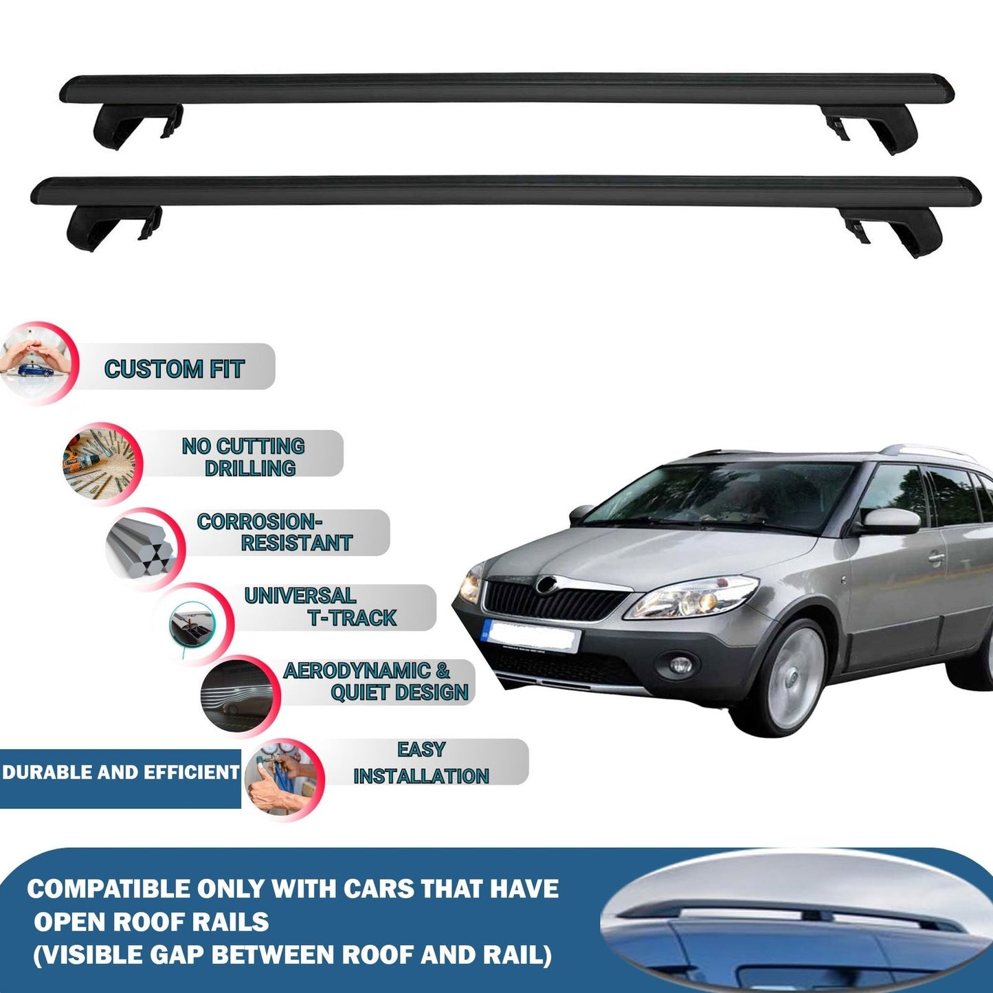 Roof Rack Cross Bars for Skoda Fabia Scout SW 2009-2014 Rail Carrier for Roof Tents 2 Pcs Black
