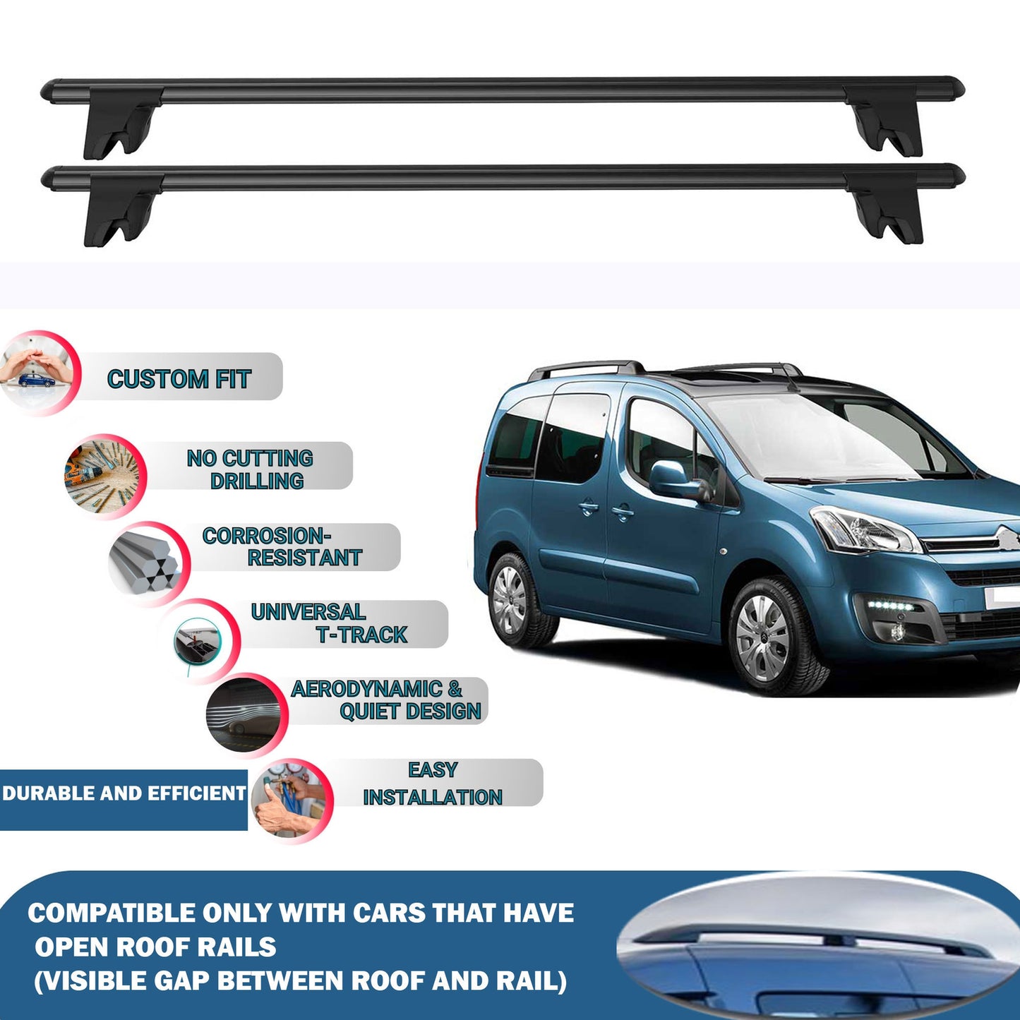 Car Roof Rack Cross Bars for Citroen Berlingo Multispace 5D 2008-2018 4Pcs Black