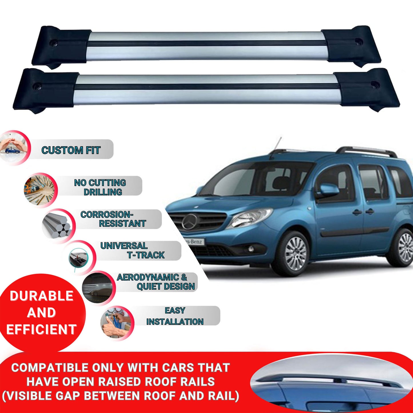 Roof Racks Cross Bars For Mercedes Citan 2013-2020 2 Pcs Grey