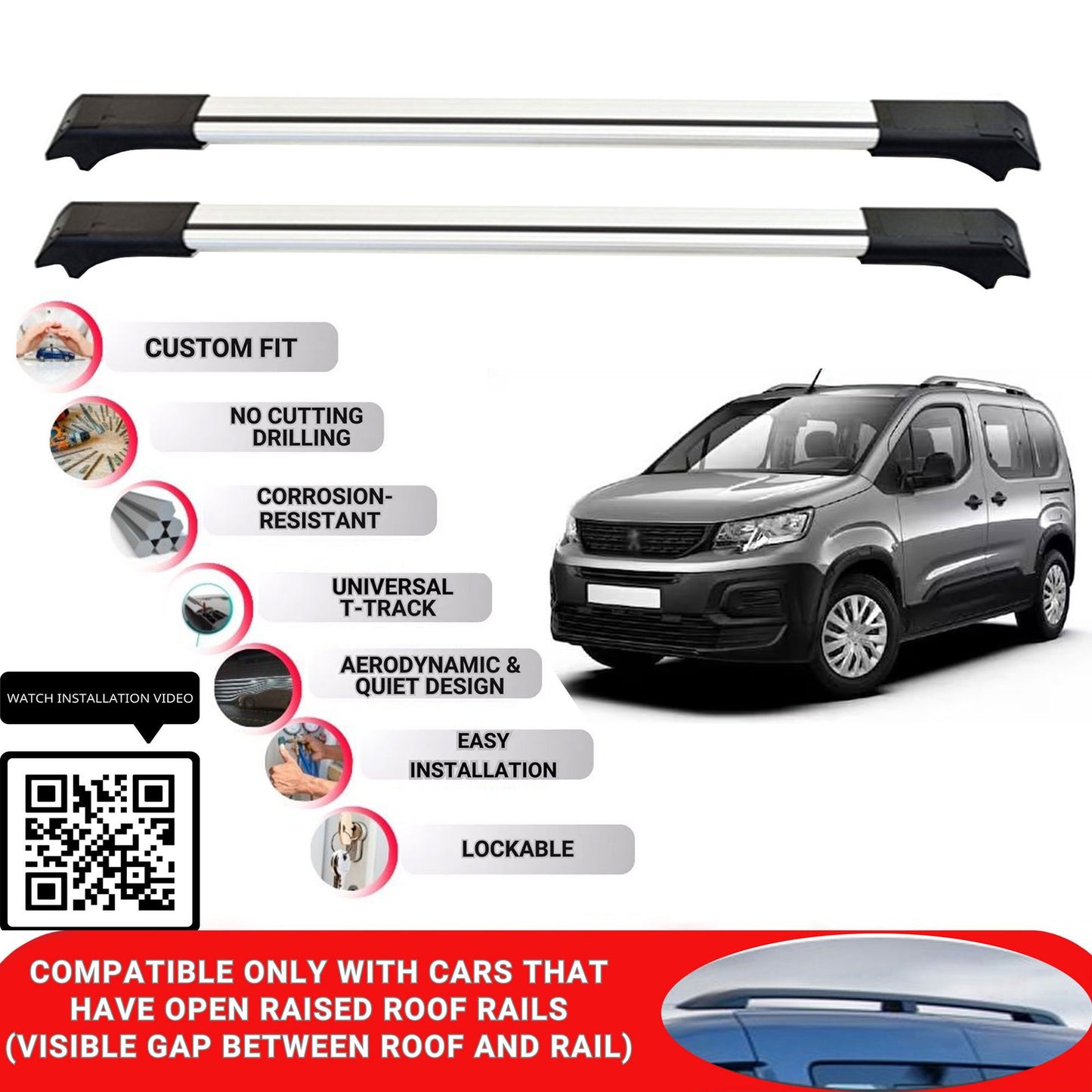 Roof Rack Cross Bars for Peugeot Rifter 2019-2022 Lockable Roof Bars 2 Pcs Grey