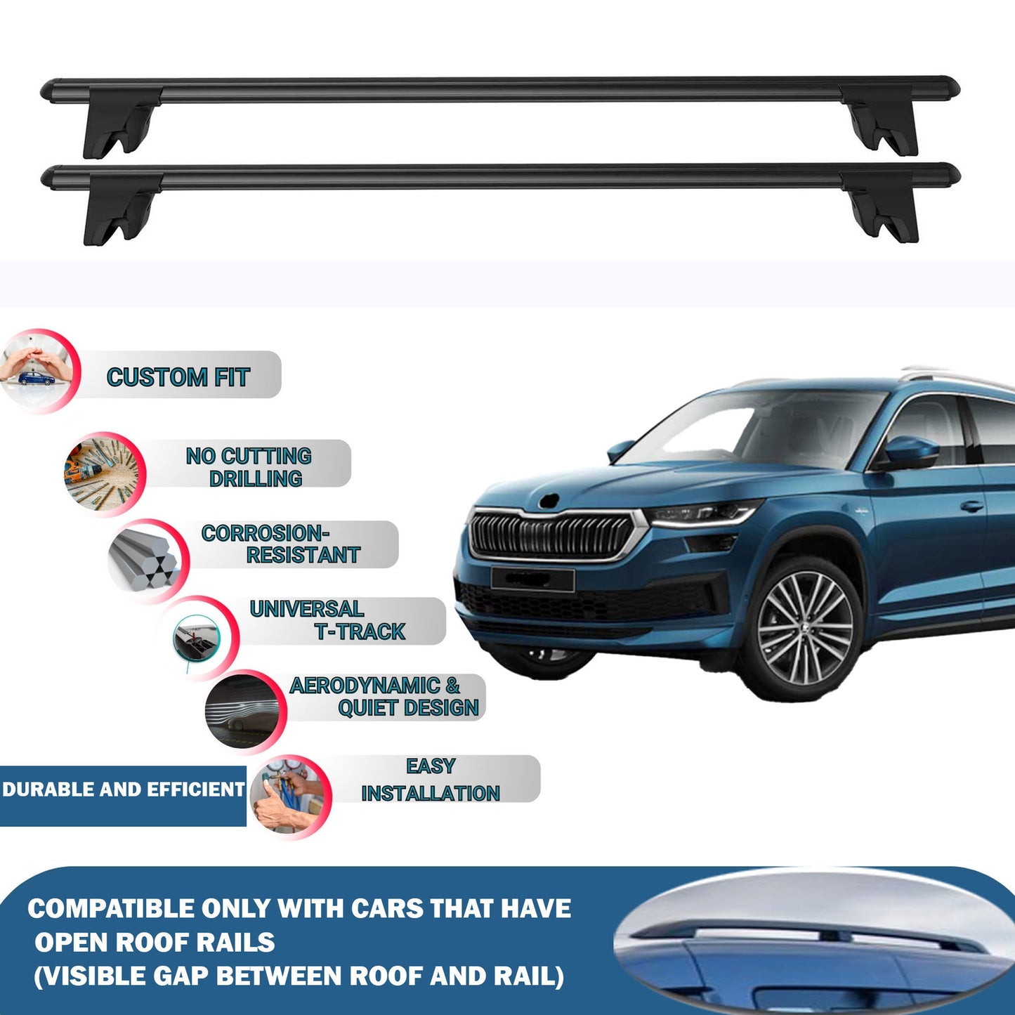 Lockable Roof Rack Cross Bars for Skoda Kodiaq 2016-2023 | Heavy Duty Rail Carrier 2 Pcs Black