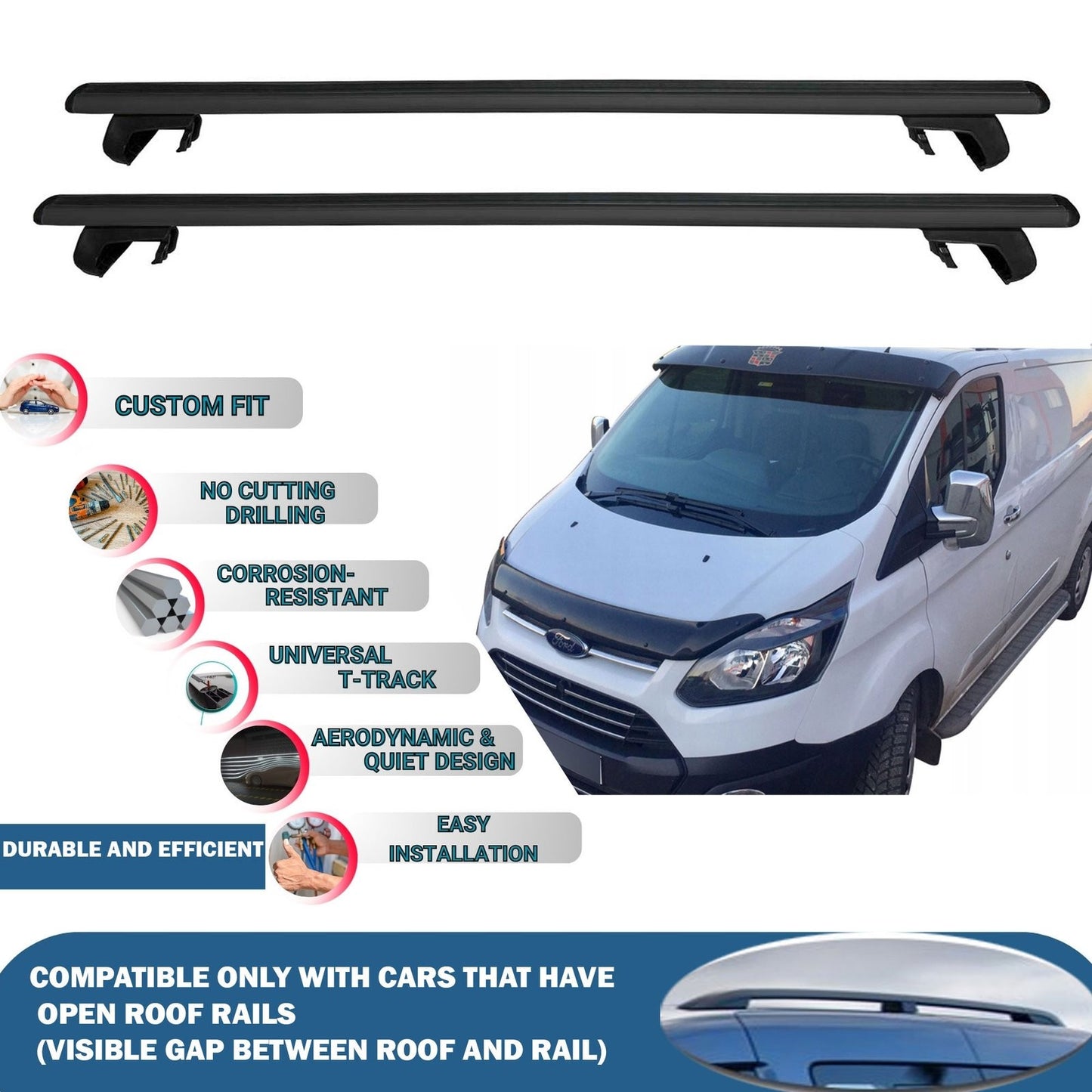 Roof Rack Cross Bars for Ford Transit Tourneo/Custom 2013-2019 Rail Carrier for Roof Tents 4 Pcs Black