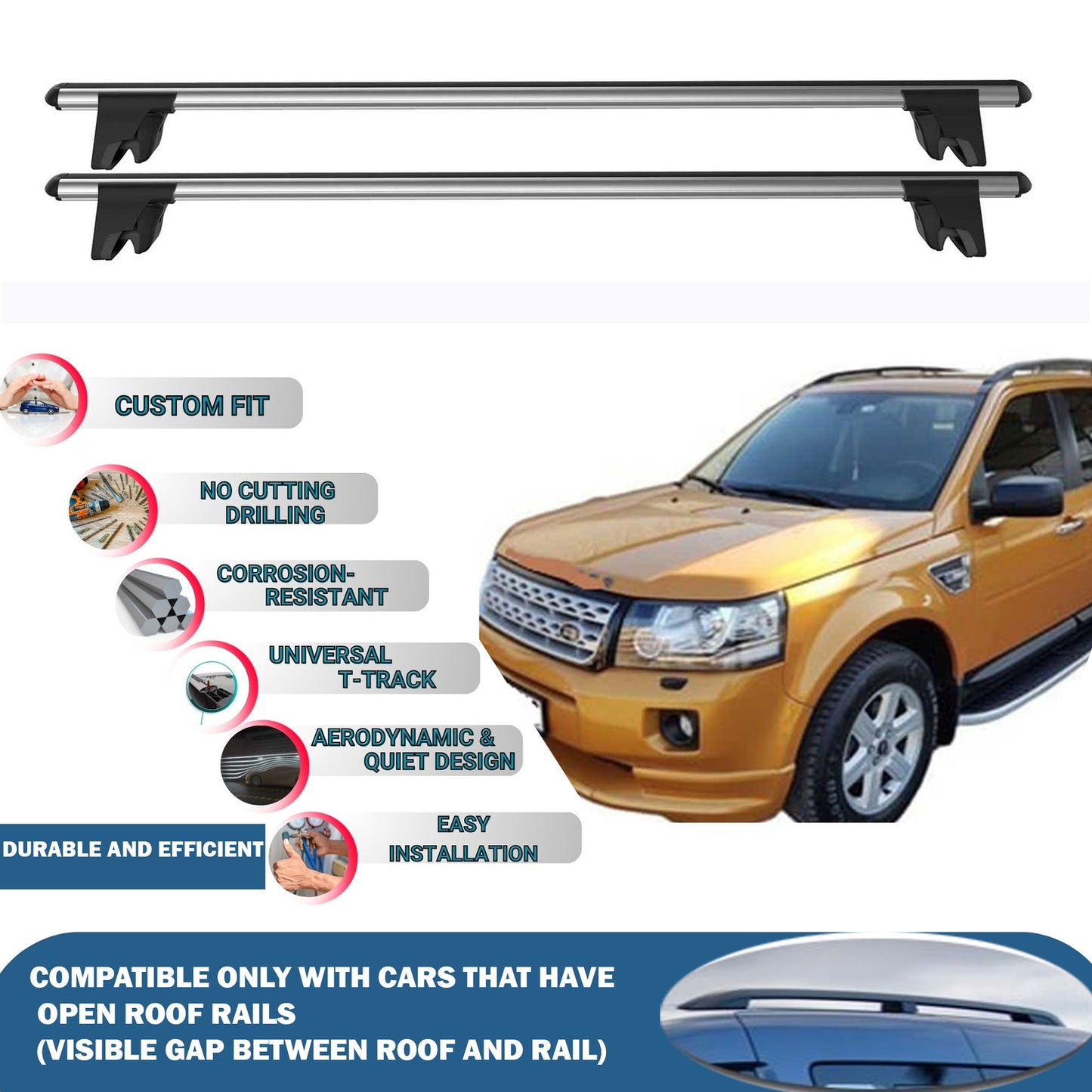 Lockable Roof Rack Cross Bars for Land Rover Freelander 2 2007-2014 | Heavy Duty Rail Carrier 2 Pcs Grey