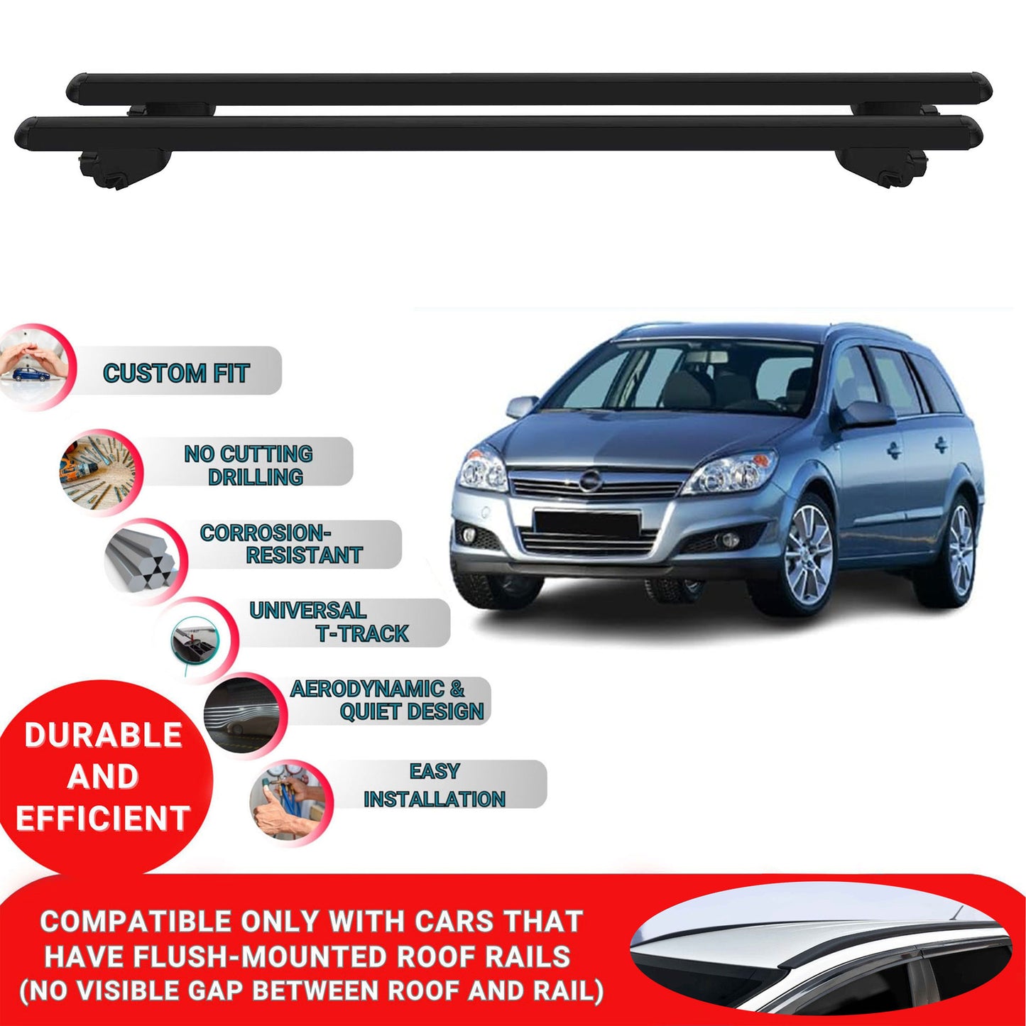 Roof Bars For Opel Astra H Estate 2007-2010 Roof Rack Cross Bars 2 Pcs Black