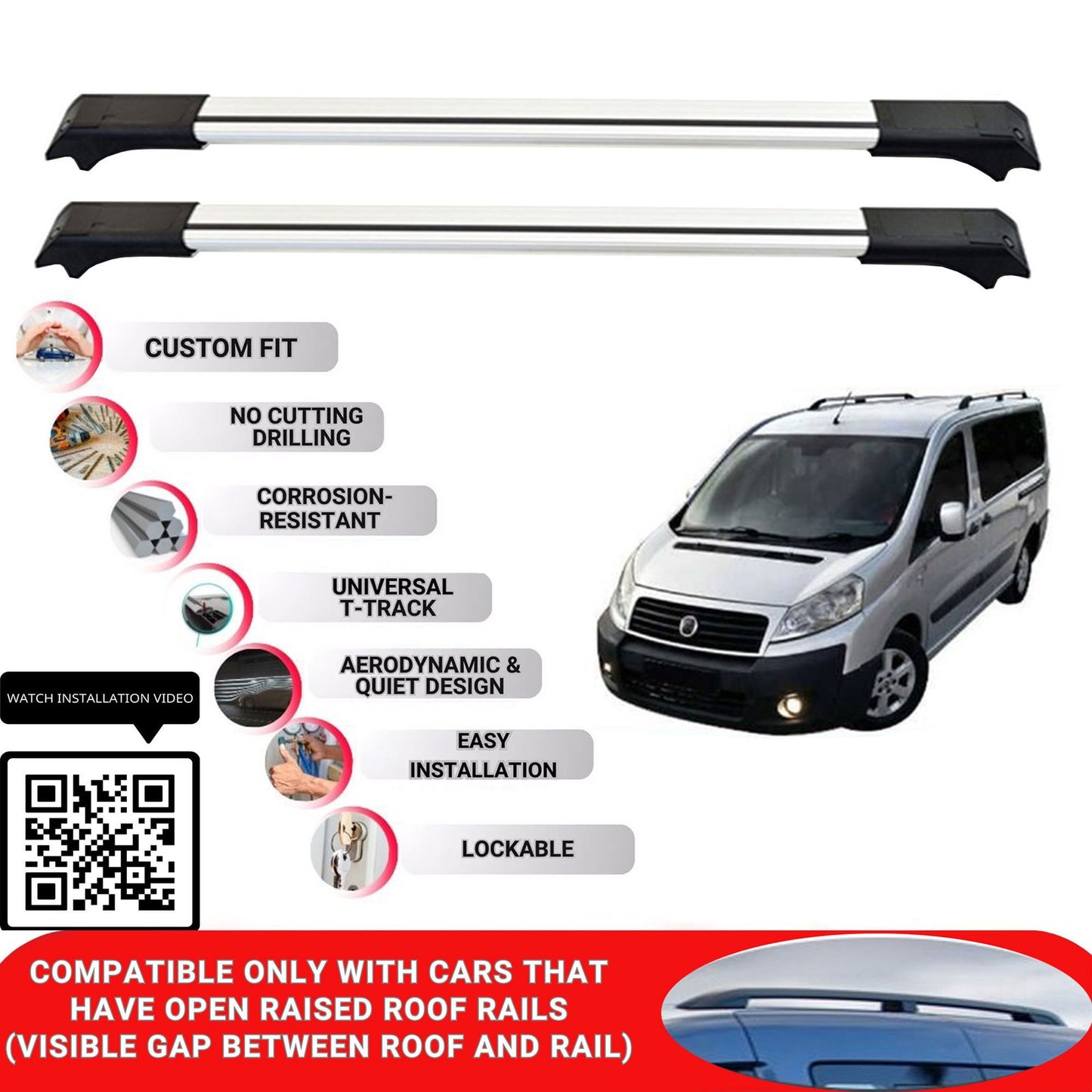 Roof Rack Cross Bars for Fiat Scudo 2007-2016 Lockable Roof Bars 2 Pcs Grey