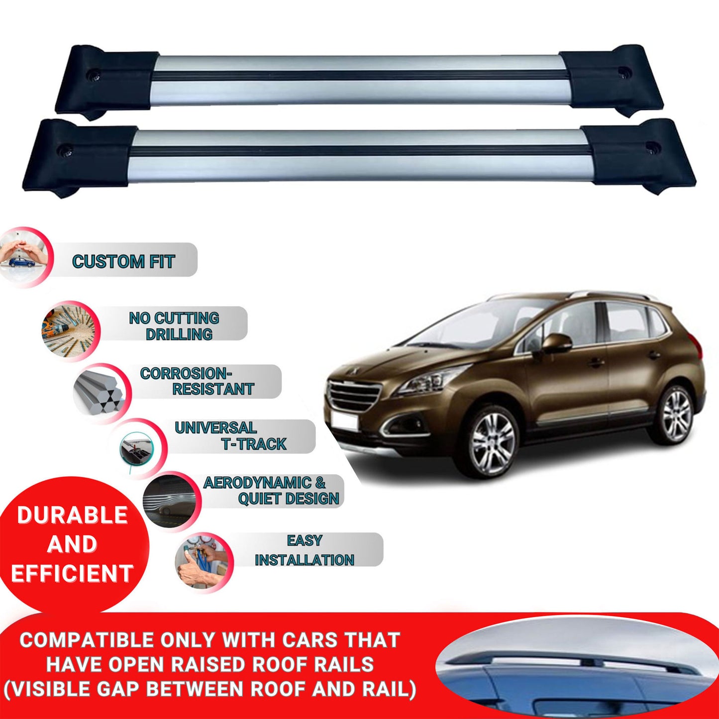 Roof Racks Cross Bars For Peugeot 3008 2013-2016 2 Pcs Grey