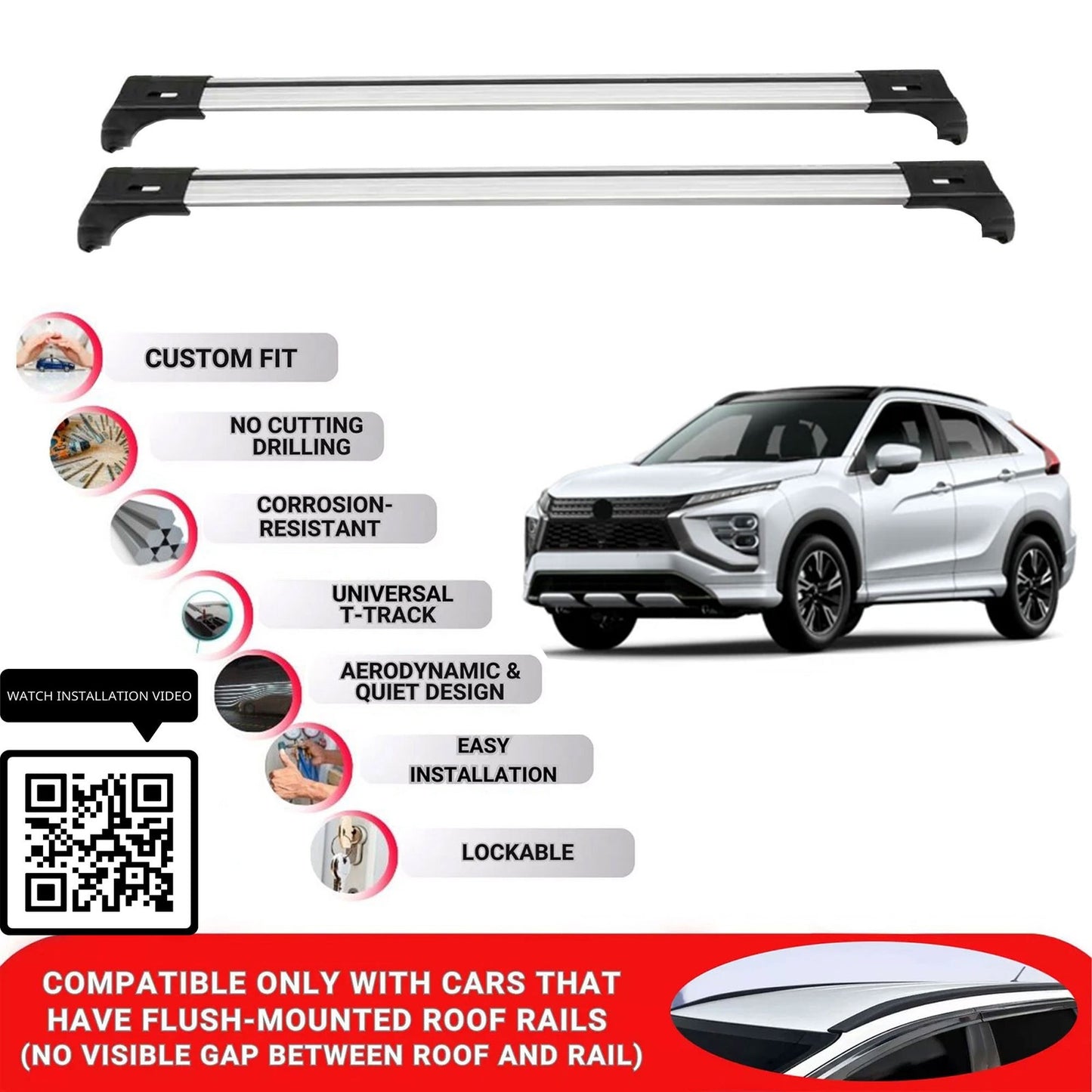 Roof Bars for Mitsubishi Eclipse Cross 2018+ Lockable Roof Rack Cross Bars 2 Pcs Grey