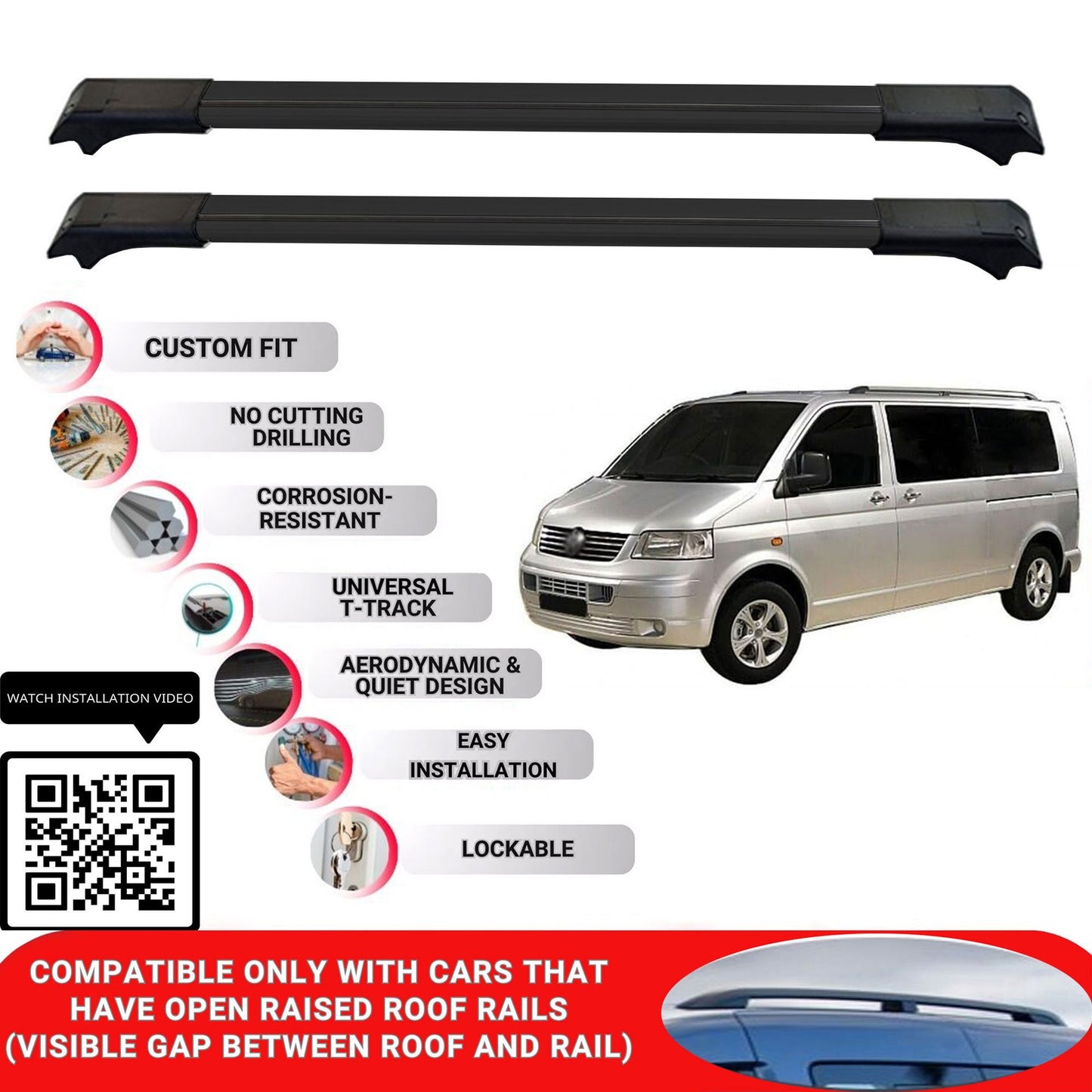 Roof Rack Cross Bars for Vw Transporter T5 2003-2015 Lockable Roof Bars 2 Pcs Black