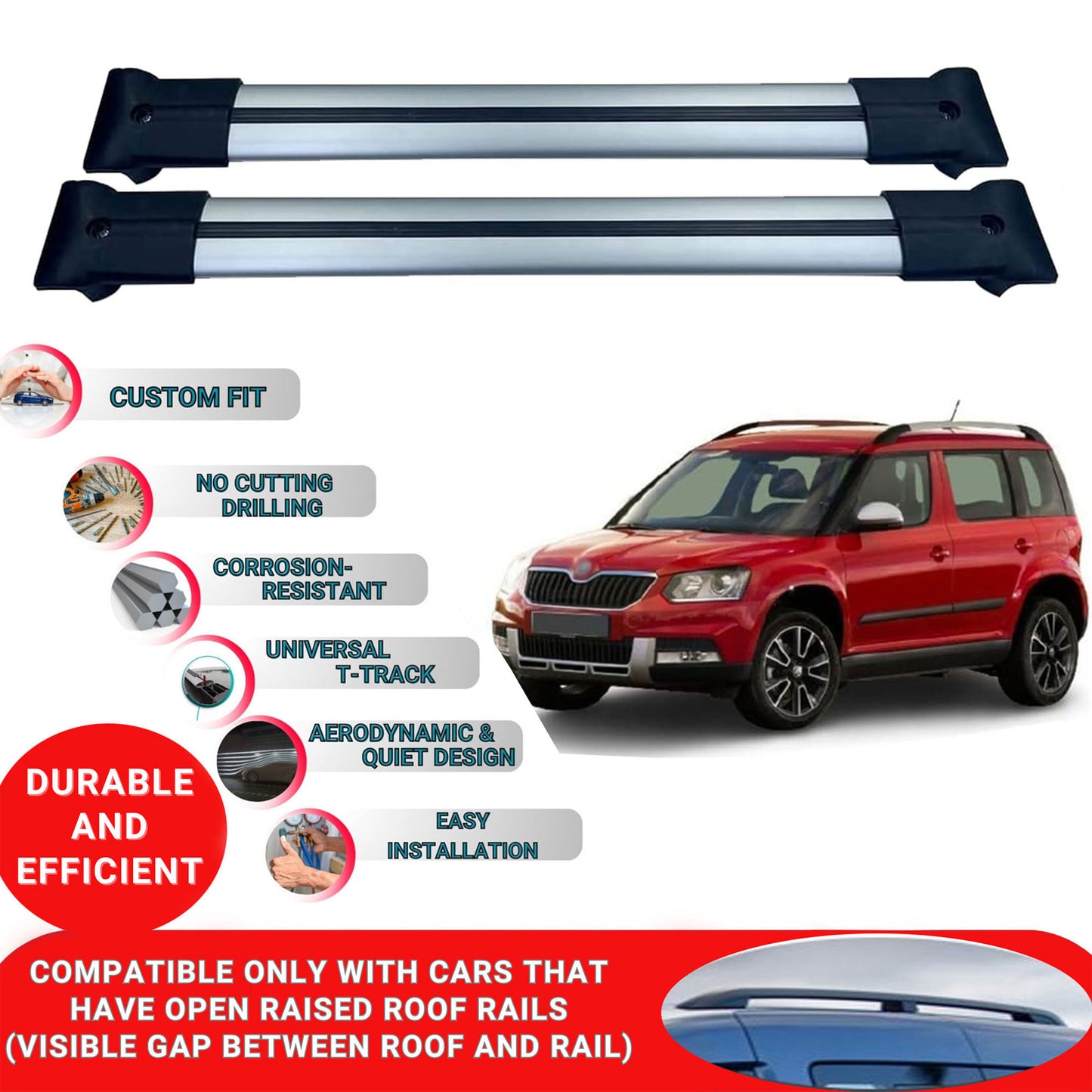 Roof Bars for Skoda Yeti 2010-2017 Raised Roof Rails, 2 Pcs Grey