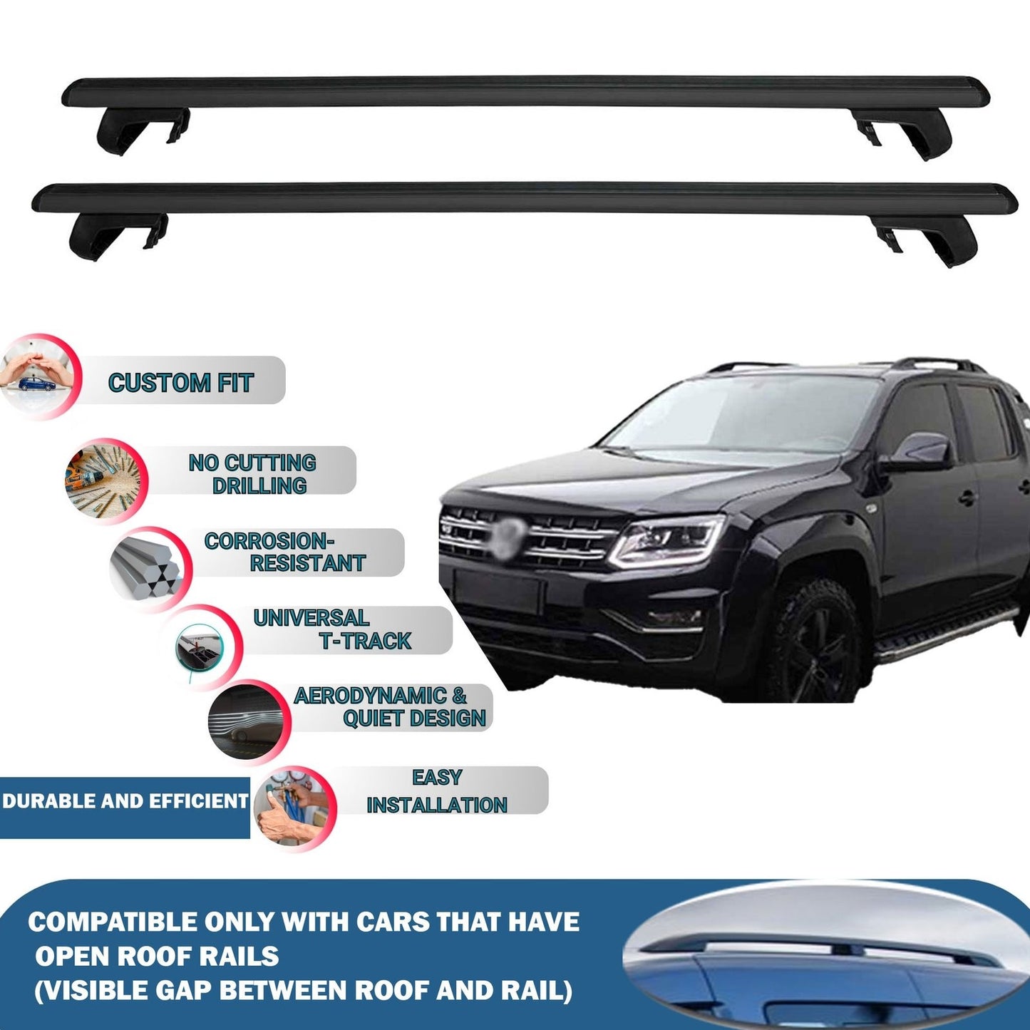 Roof Rack Cross Bars for Volkswagen Amarok 2010-2016 Rail Carrier for Roof Tents 2 Pcs Black