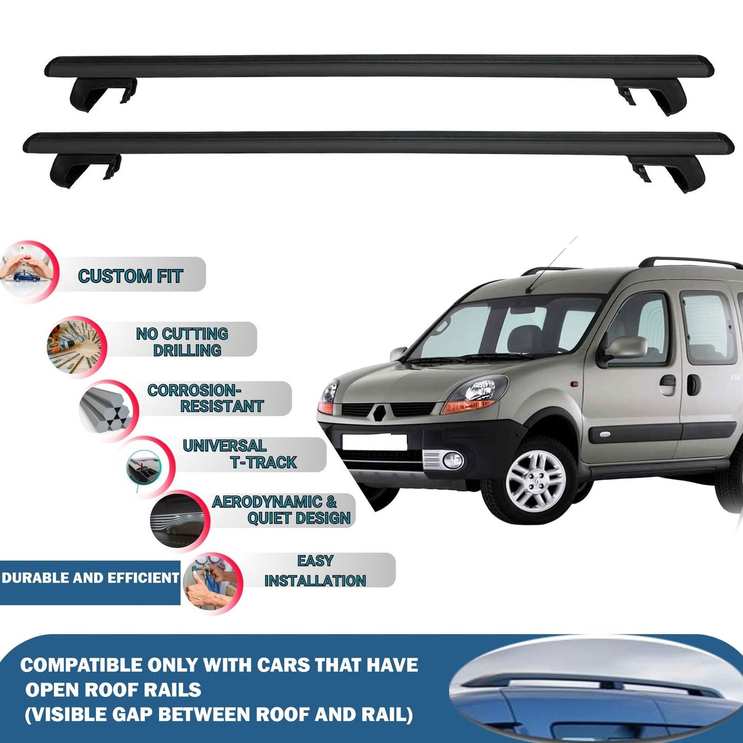 Roof Rack Cross Bars for Renault Kangoo 2004-2008 Rail Carrier for Roof Tents 4 Pcs Black