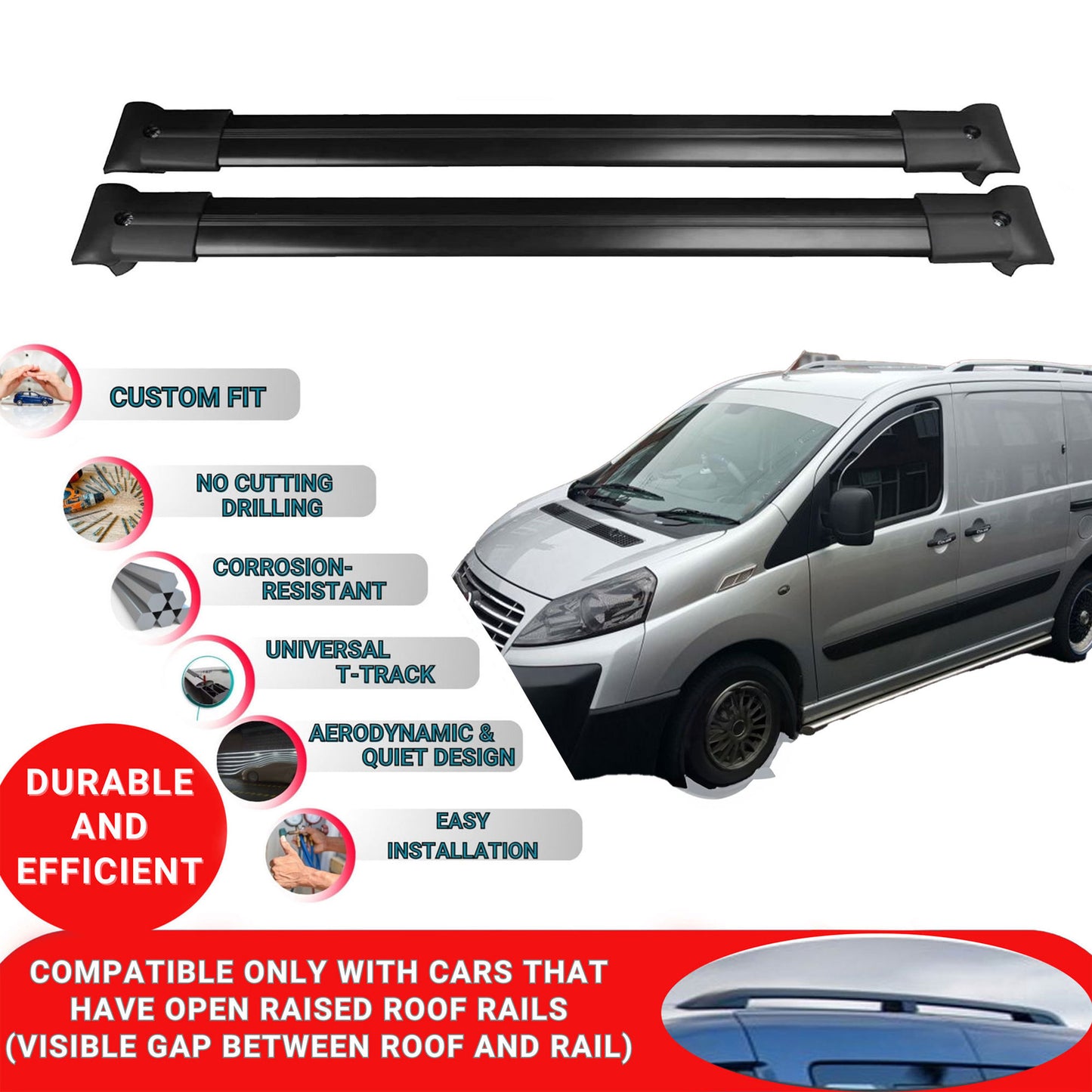 Roof Racks Cross Bars For Citroen Dispatch / Jumpy 2007-2016 4 Pcs Black