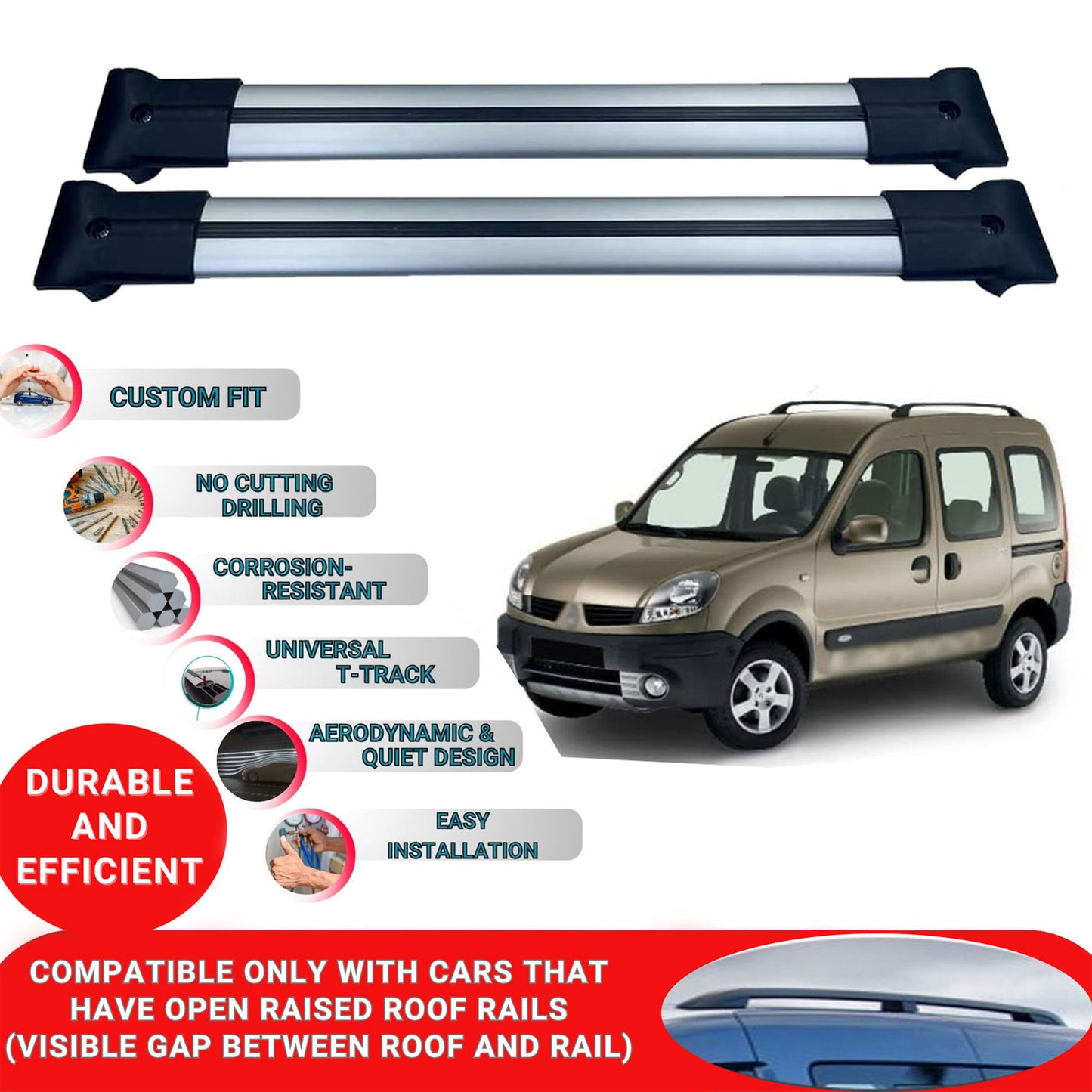 Roof Racks Cross Bars For Renault Kangoo 2004-2007 4 Pcs Grey