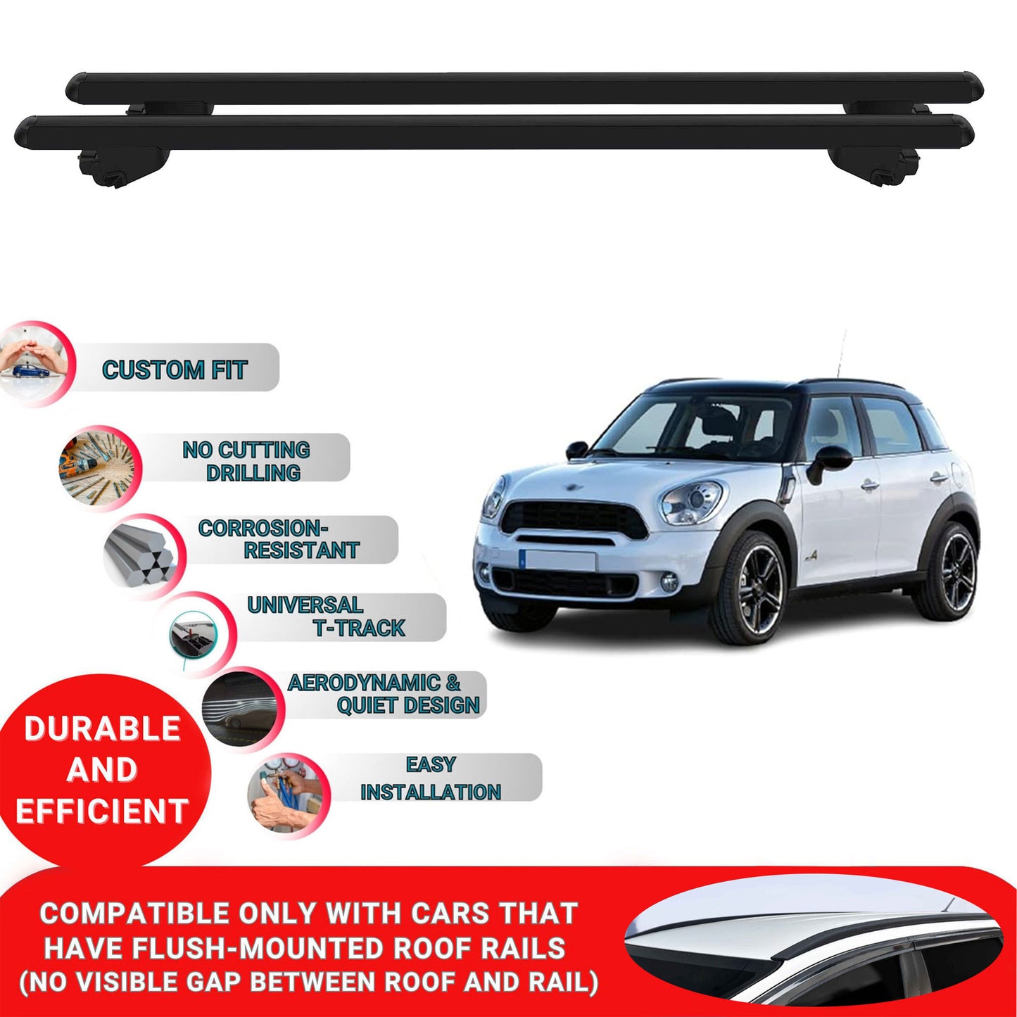 Roof Bars For Mini Countryman 2010-2016 Roof Rack Cross Bars 2 Pcs Black