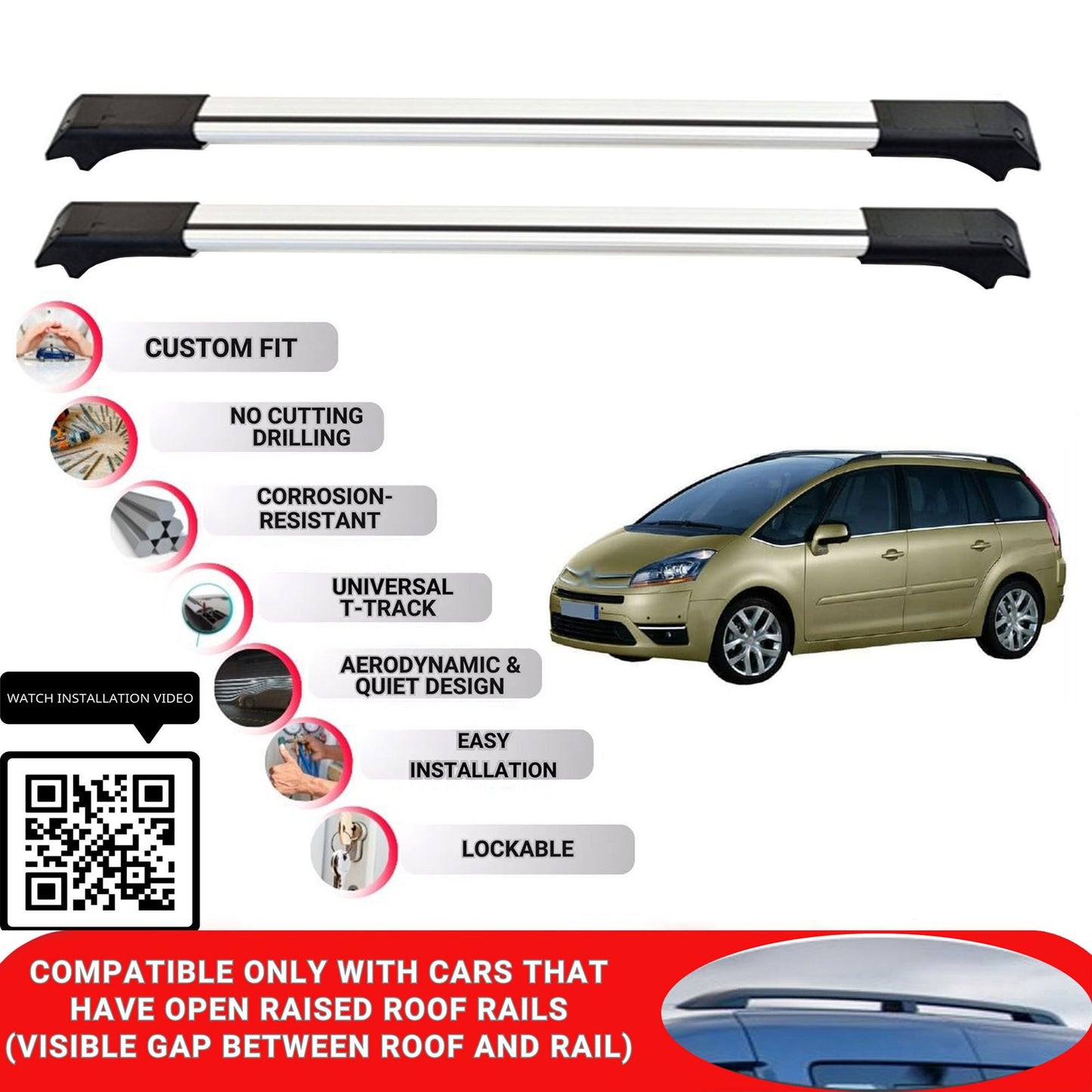 Roof Rack Cross Bars for Citroen C4 Picasso Mpv 2007-2013 Lockable 2 Pcs Grey