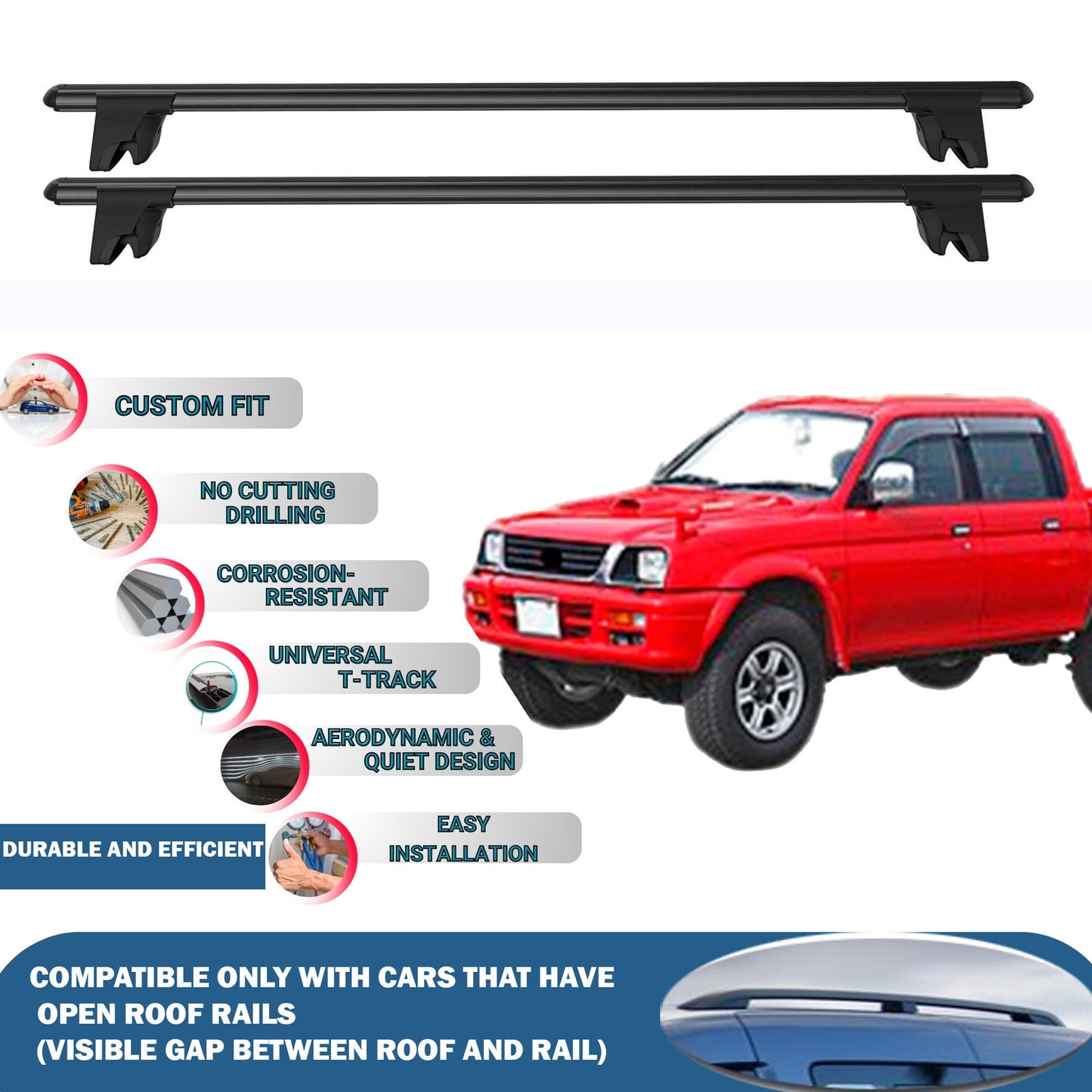 Lockable Roof Rack Cross Bars for Mitsubishi Triton L200 1996-2006 | Heavy Duty Rail Carrier 2 Pcs Black