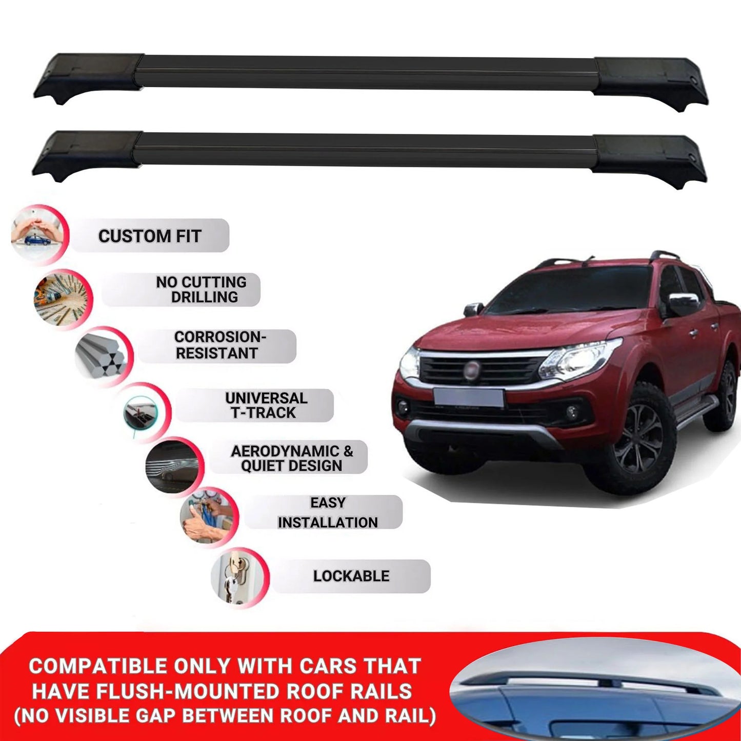 2X Car Roof Rack Cross Bars for Fiat Fullback 2016-2019 Lockable Roof Bars Black