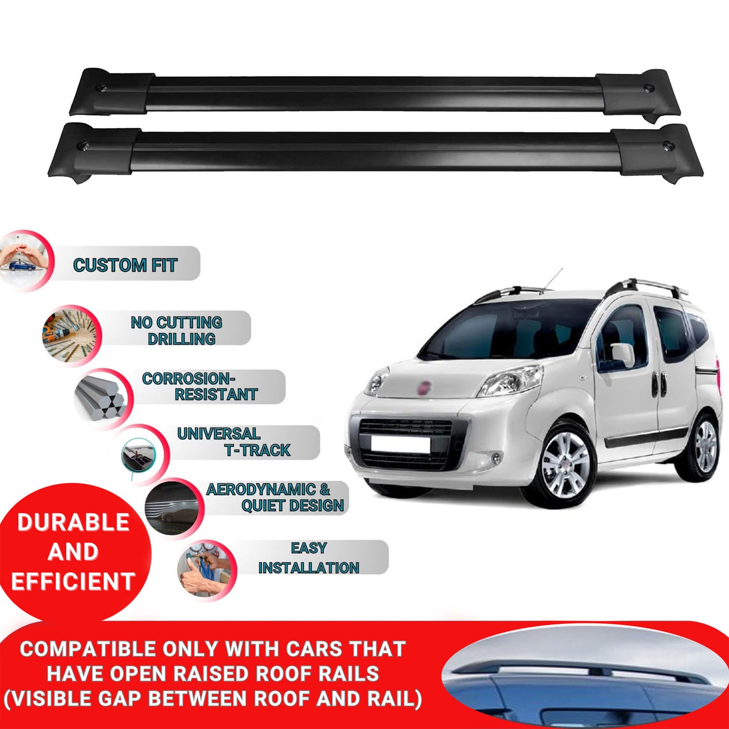 Roof Racks Cross Bars For Fiat Fiorino / Qubo 2007-2023 2 Pcs Black