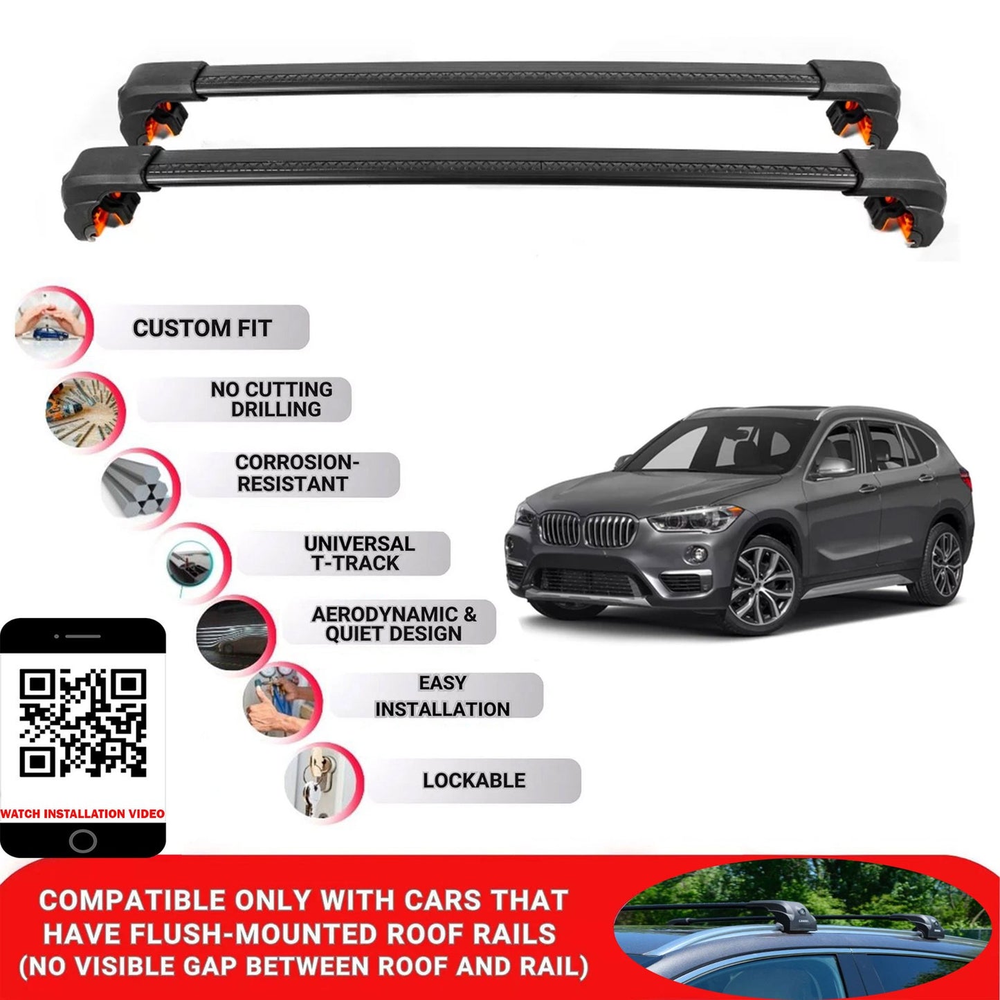 Premium Roof Bars For Bmw X1 (F48) Suv 2016-2022 Secure Roof Rack Cross Bar 2 Pcs Black
