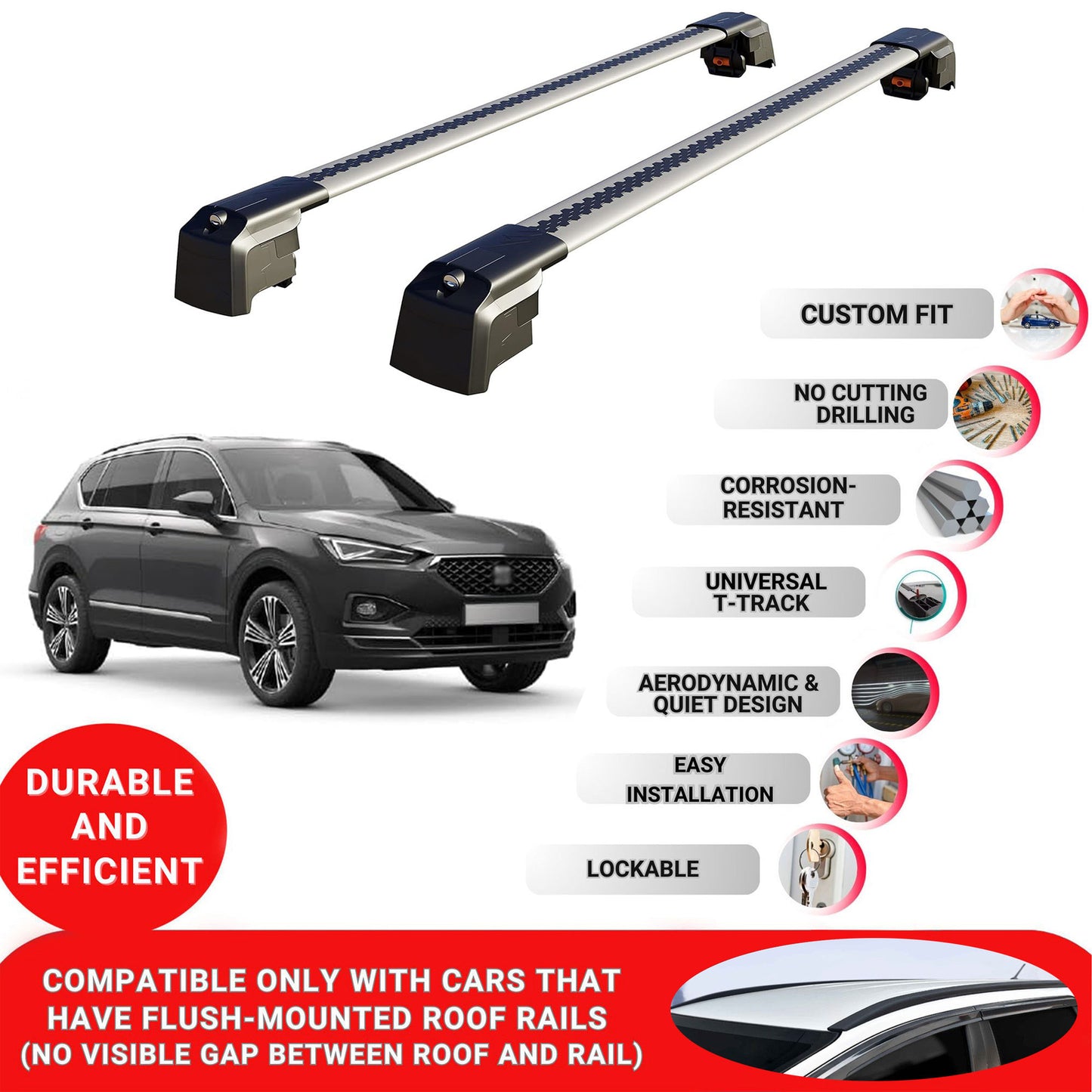 Roof Bars Rack for Seat Tarraco 2019+ Lockable Rail Carrier 2 Pcs Grey