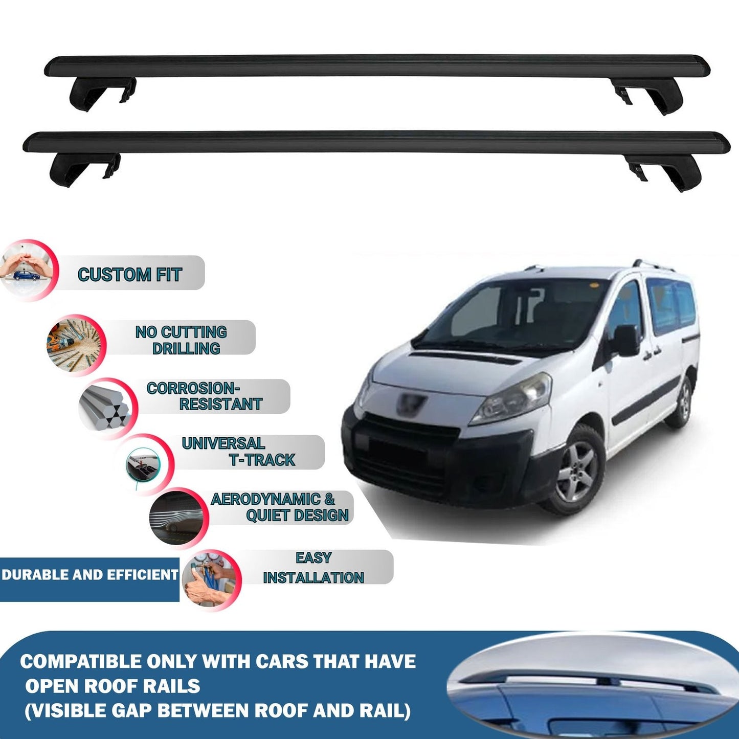 Roof Rack Cross Bars for Peugeot Expert 2007-2016 Rail Carrier for Roof Tents 2 Pcs Black