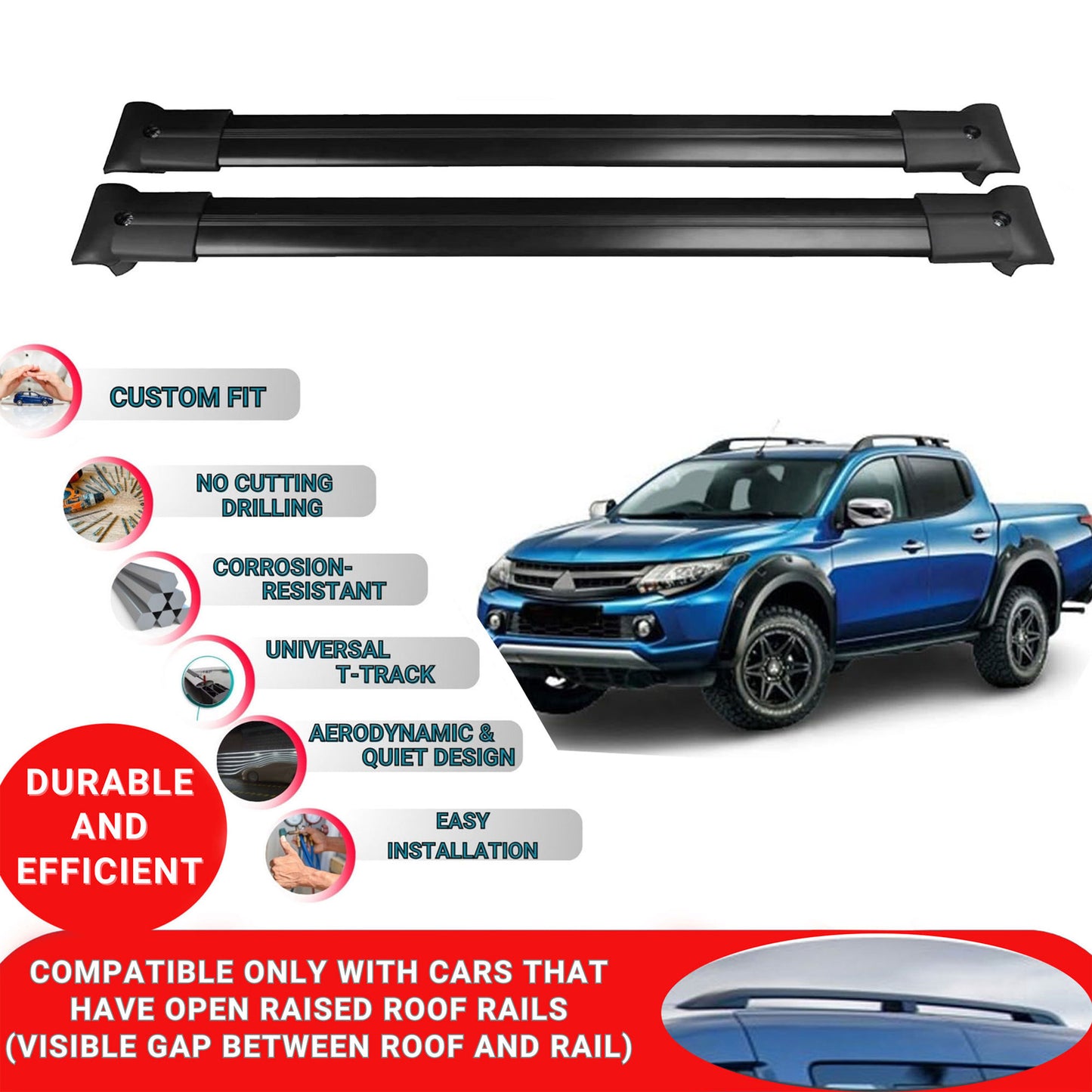 Roof Racks Cross Bars For Mitsubishi L200 2015-2023 2 Pcs Black