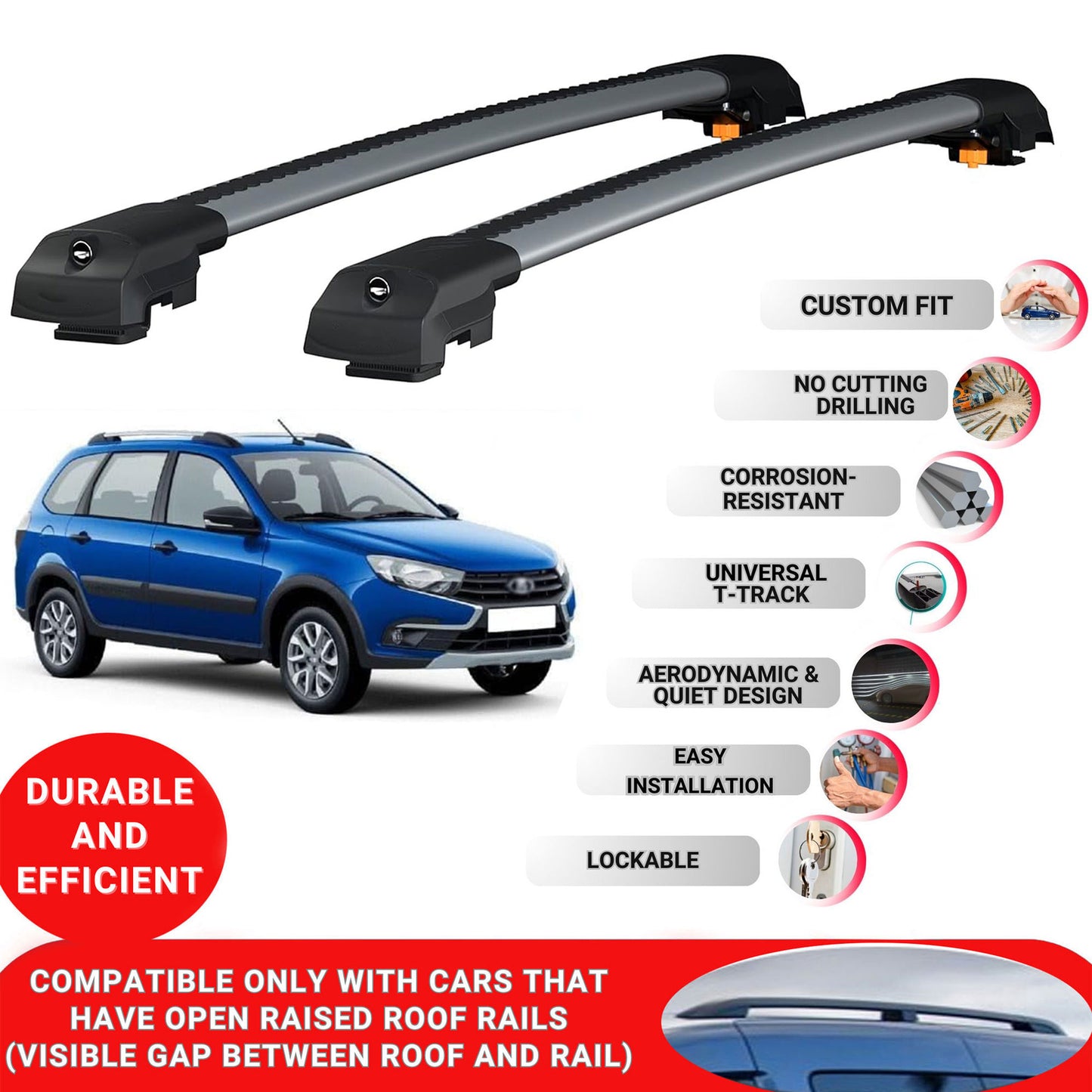 Roof Bar for Lada Granta Cross 2020-2024 Lockable Roof Rack Cross Bars 2 Pcs Grey