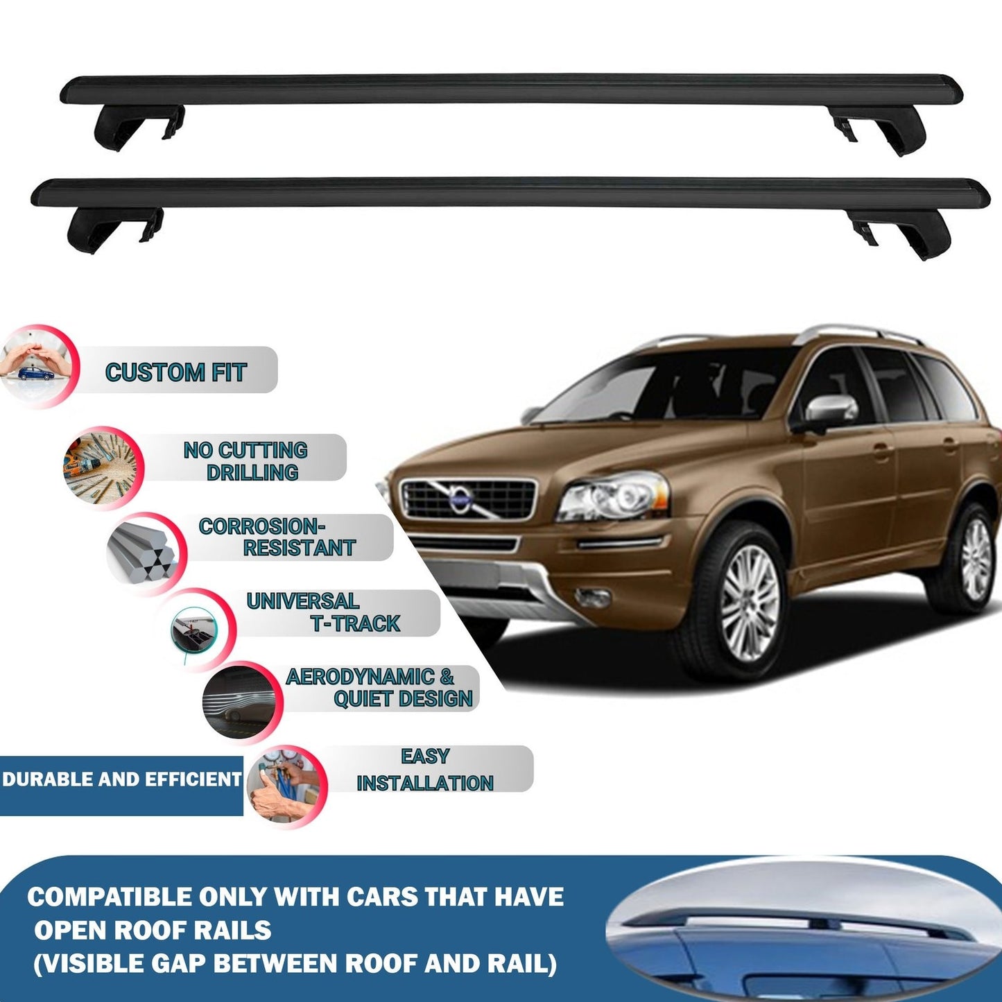 Roof Rack Cross Bars for Volvo Xc90 2003-2014 Rail Carrier for Roof Tents 2 Pcs Black