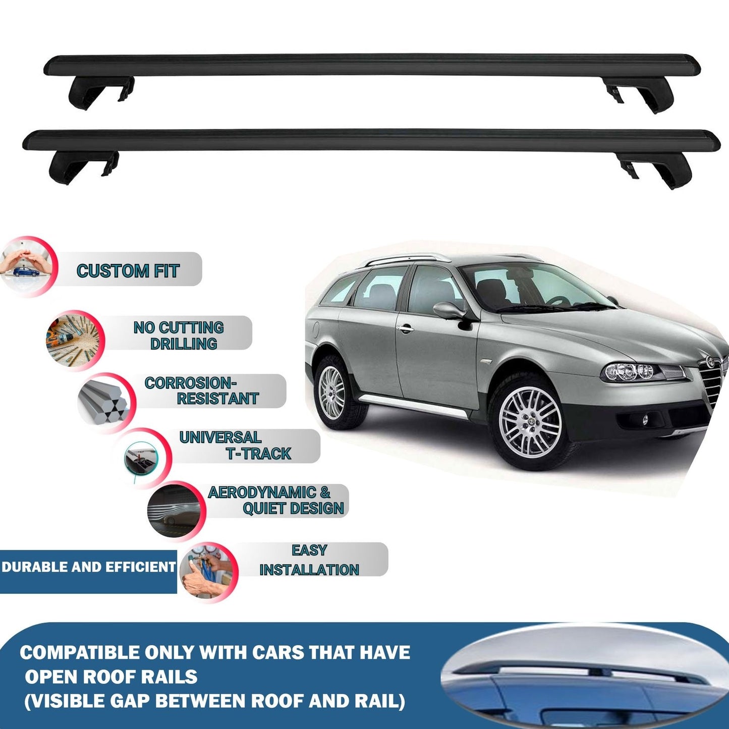 Roof Rack Cross Bars for Alfa Romeo 156 Crosswagon 2004-2007 Rail Carrier for Roof Tents 2 Pcs Black