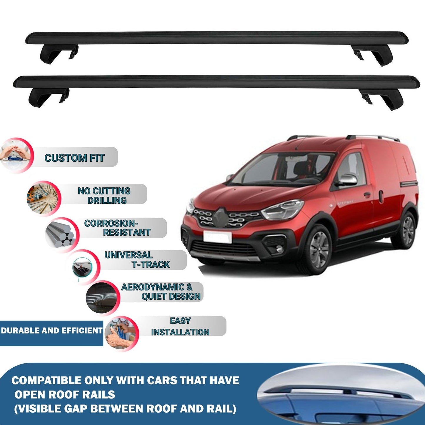 Roof Rack Cross Bars for Renault Kangoo Express Panel Van 2008-2021 Rail Carrier for Roof Tents 2 Pcs Black