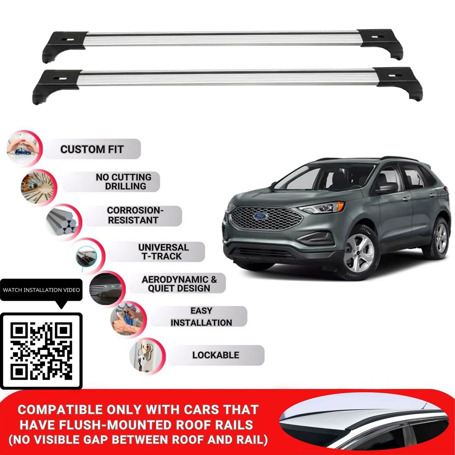 Roof Bars for Ford Edge 2015+ Lockable Roof Rack Cross Bars 2 Pcs Grey