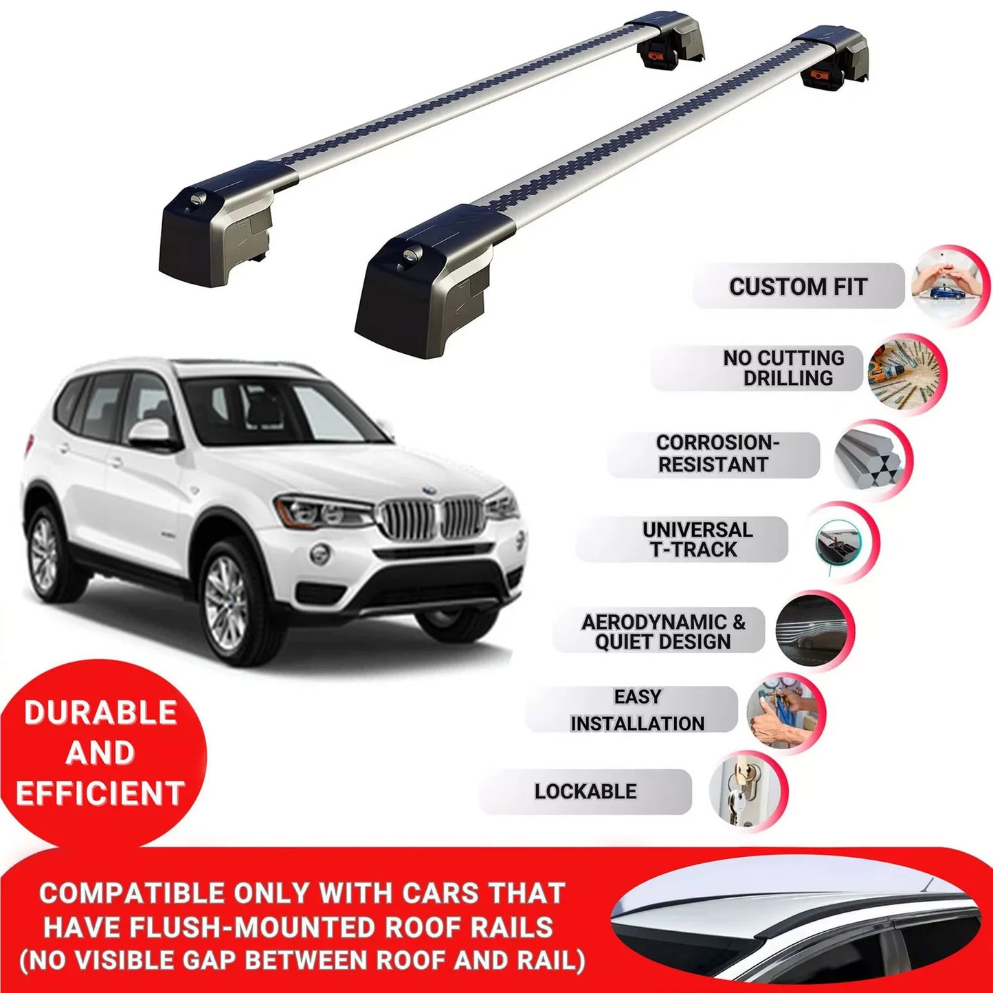 Roof Bars Rack for Bmw X3 F25 2011-2017 Lockable Rail Carrier 2 Pcs Grey