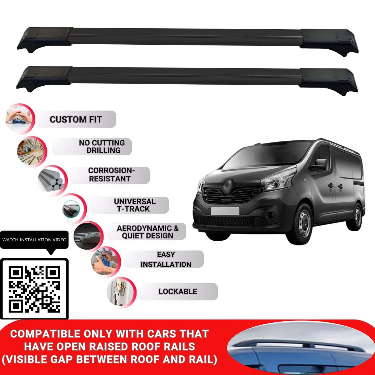 Roof Rack Cross Bars for Renault Trafic 2015+ Lockable Roof Bars 2 Pcs Black